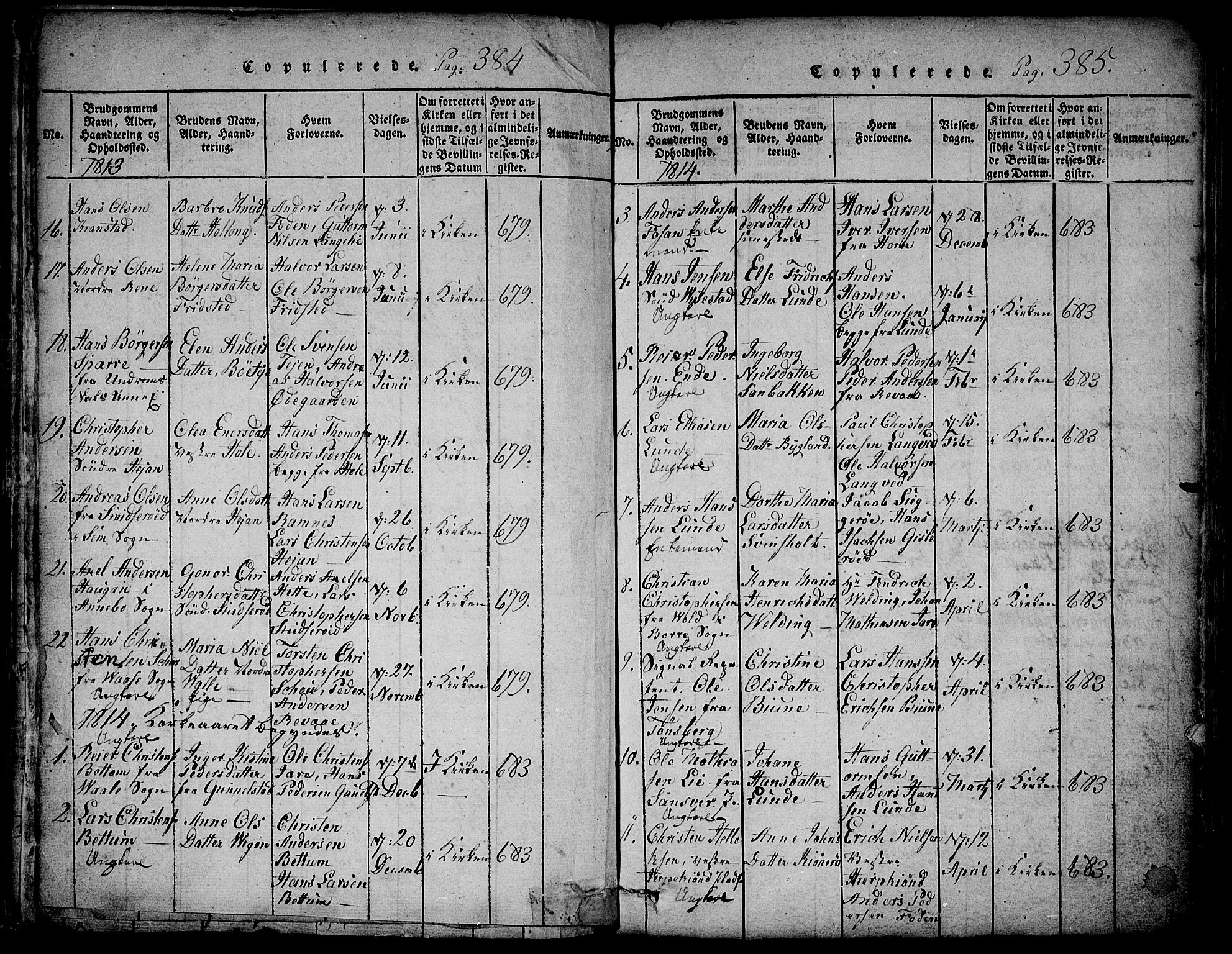 Ramnes kirkebøker, AV/SAKO-A-314/F/Fa/L0004: Parish register (official) no. I 4, 1813-1840, p. 384-385