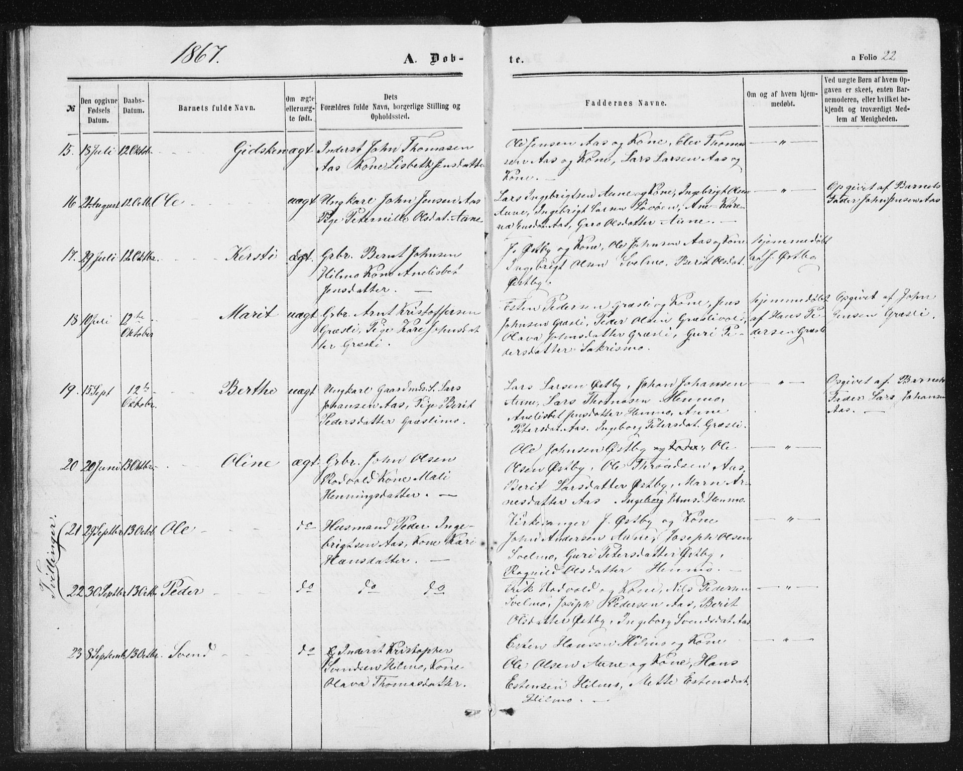 Ministerialprotokoller, klokkerbøker og fødselsregistre - Sør-Trøndelag, SAT/A-1456/698/L1166: Parish register (copy) no. 698C03, 1861-1887, p. 22