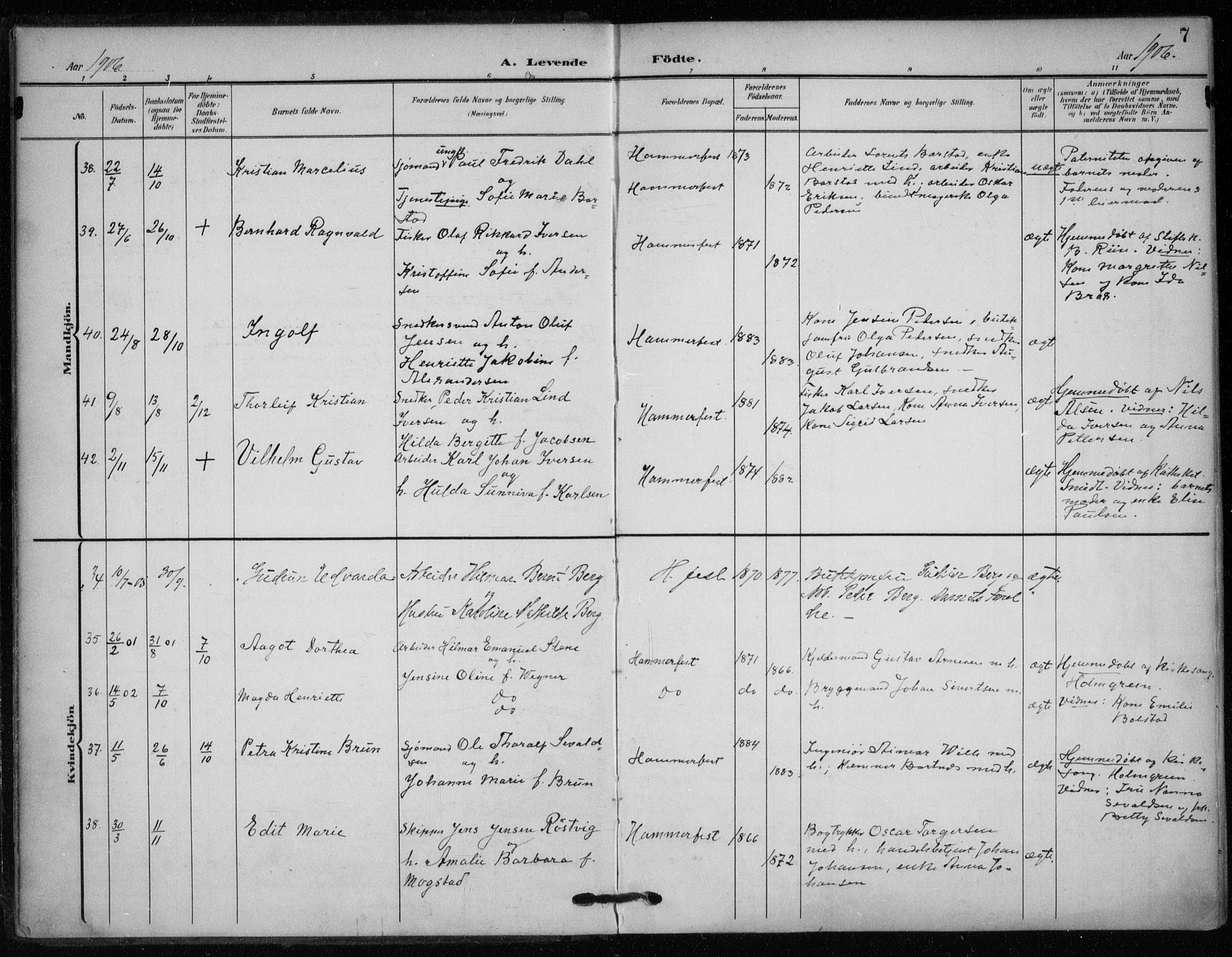 Hammerfest sokneprestkontor, SATØ/S-1347/H/Ha/L0014.kirke: Parish register (official) no. 14, 1906-1916, p. 7