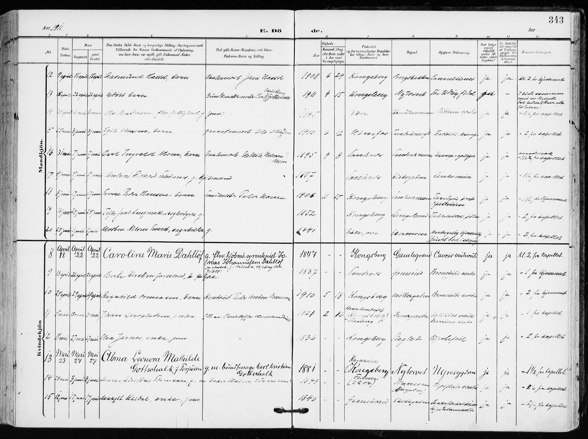 Kongsberg kirkebøker, AV/SAKO-A-22/F/Fb/L0004: Parish register (official) no. II 4, 1906-1918, p. 343