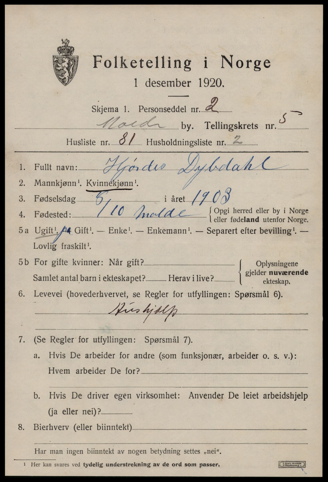 SAT, 1920 census for Molde, 1920, p. 8139