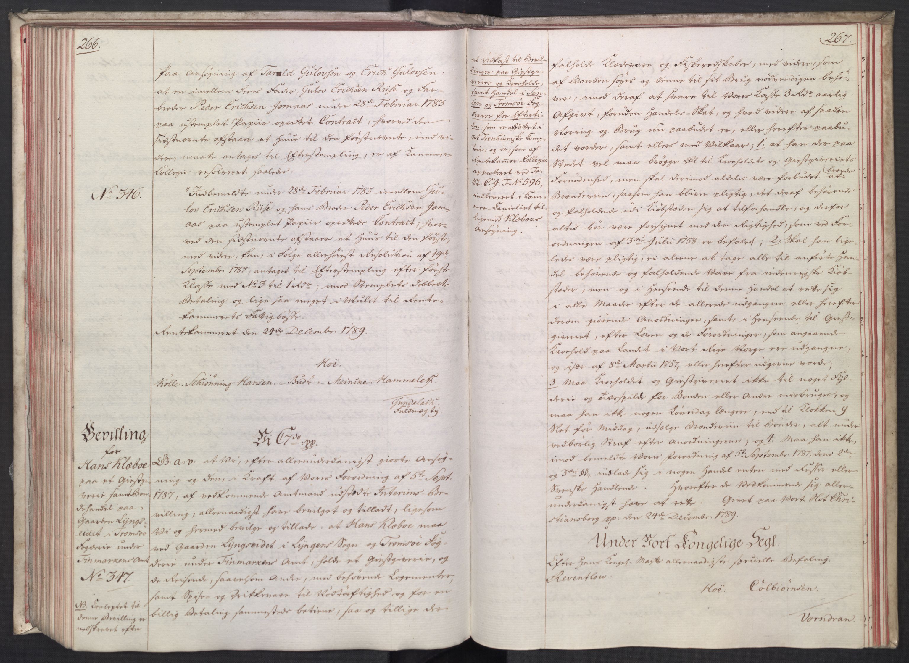 Rentekammeret, Kammerkanselliet, RA/EA-3111/G/Gg/Gga/L0014: Norsk ekspedisjonsprotokoll med register (merket RK 53.14), 1787-1790, p. 266-267