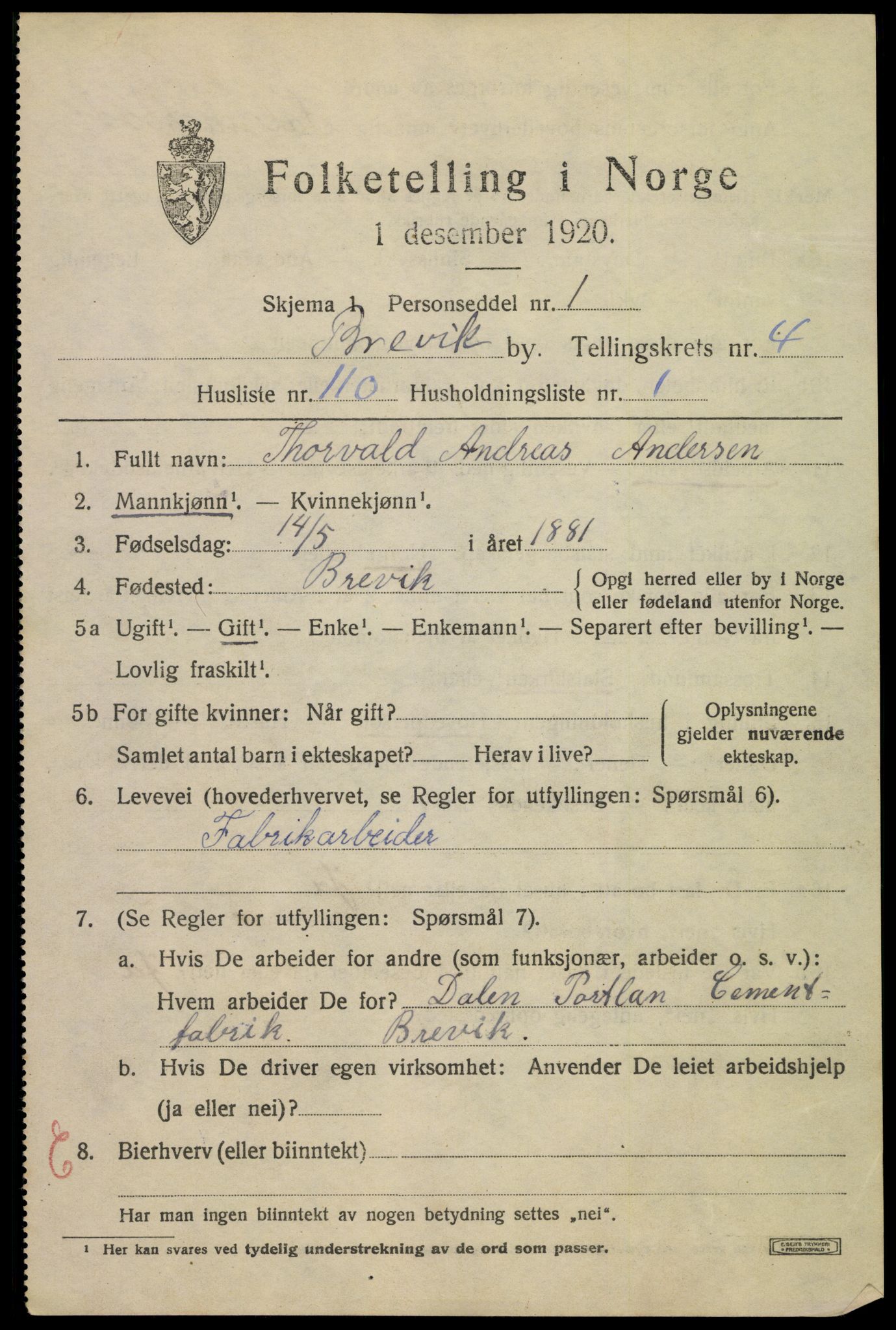SAKO, 1920 census for Brevik, 1920, p. 7128
