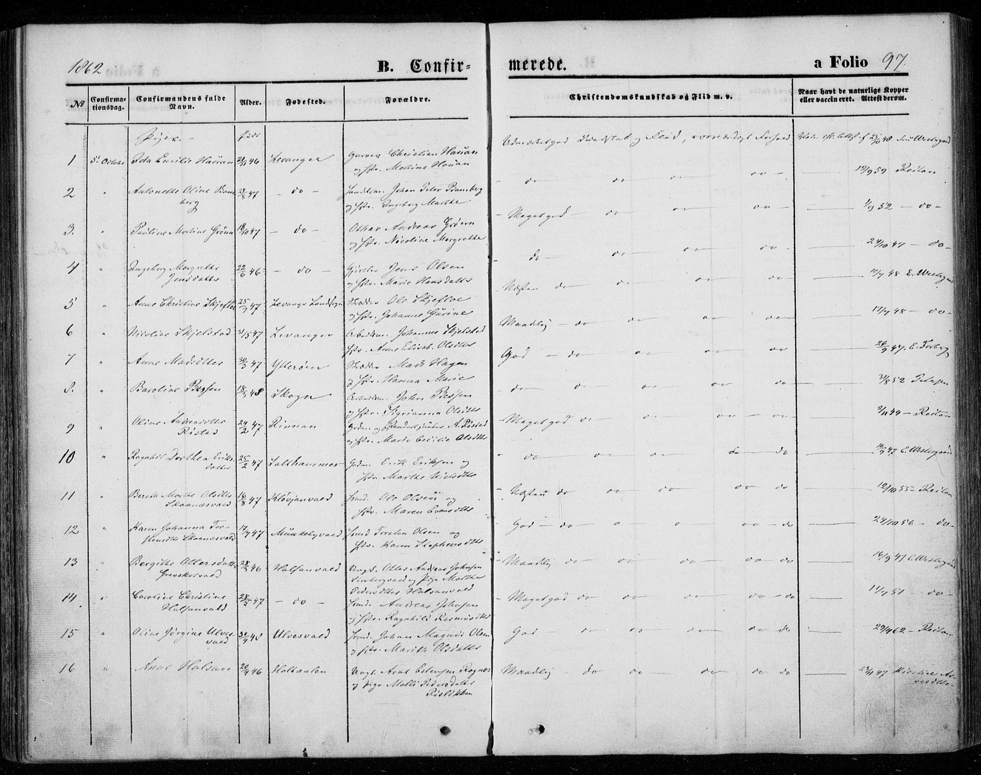 Ministerialprotokoller, klokkerbøker og fødselsregistre - Nord-Trøndelag, AV/SAT-A-1458/720/L0184: Parish register (official) no. 720A02 /1, 1855-1863, p. 97