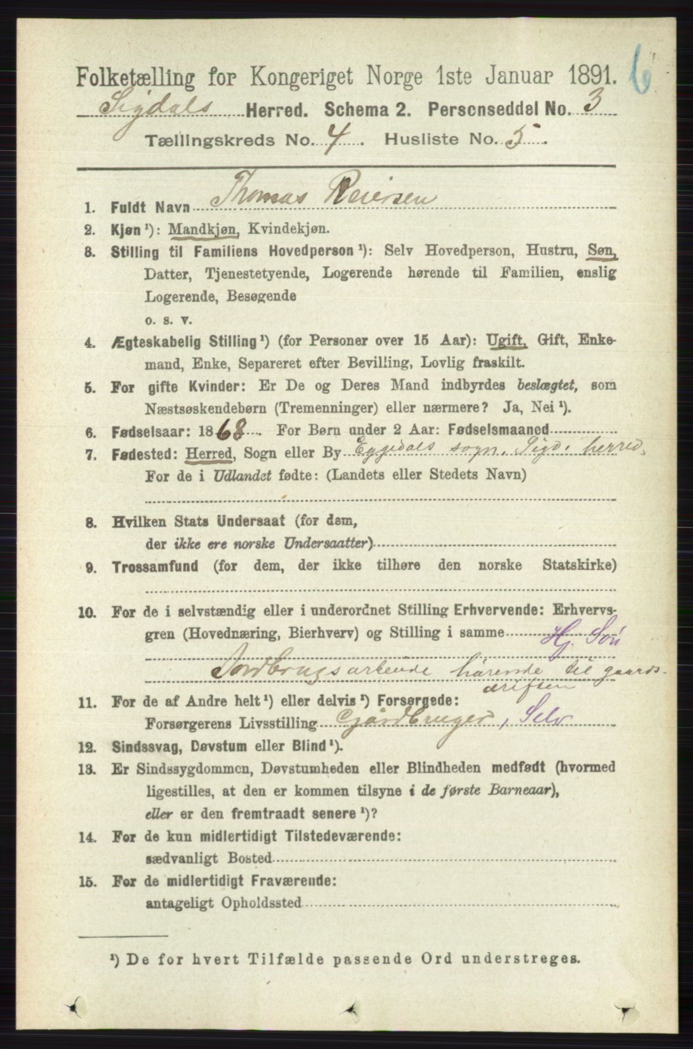 RA, 1891 census for 0621 Sigdal, 1891, p. 4690