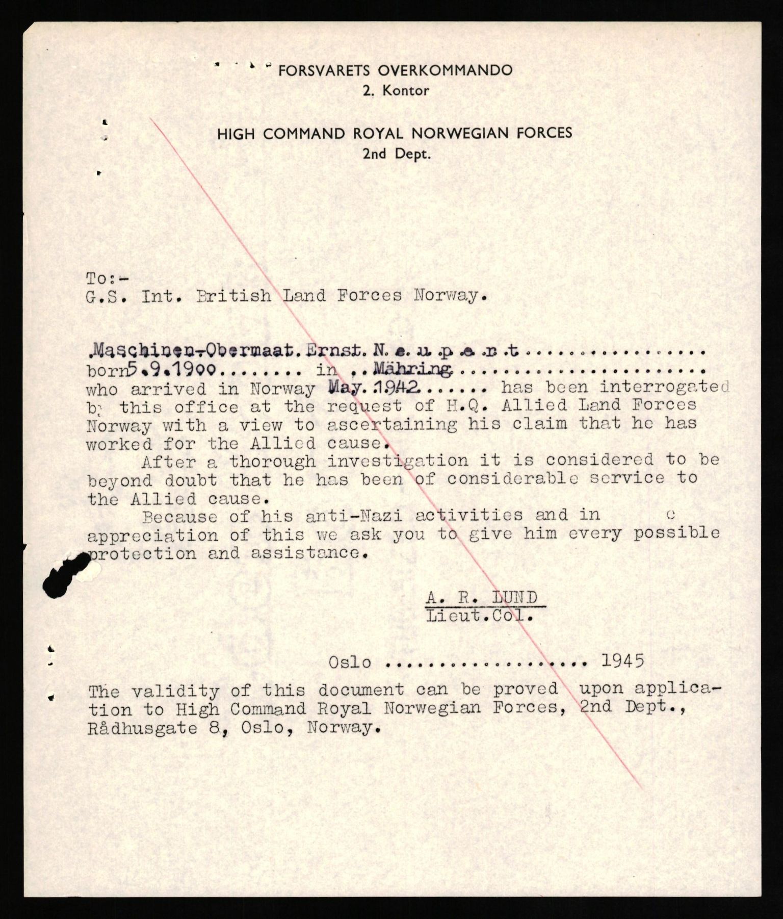 Forsvaret, Forsvarets overkommando II, RA/RAFA-3915/D/Db/L0024: CI Questionaires. Tyske okkupasjonsstyrker i Norge. Tyskere., 1945-1946, p. 101