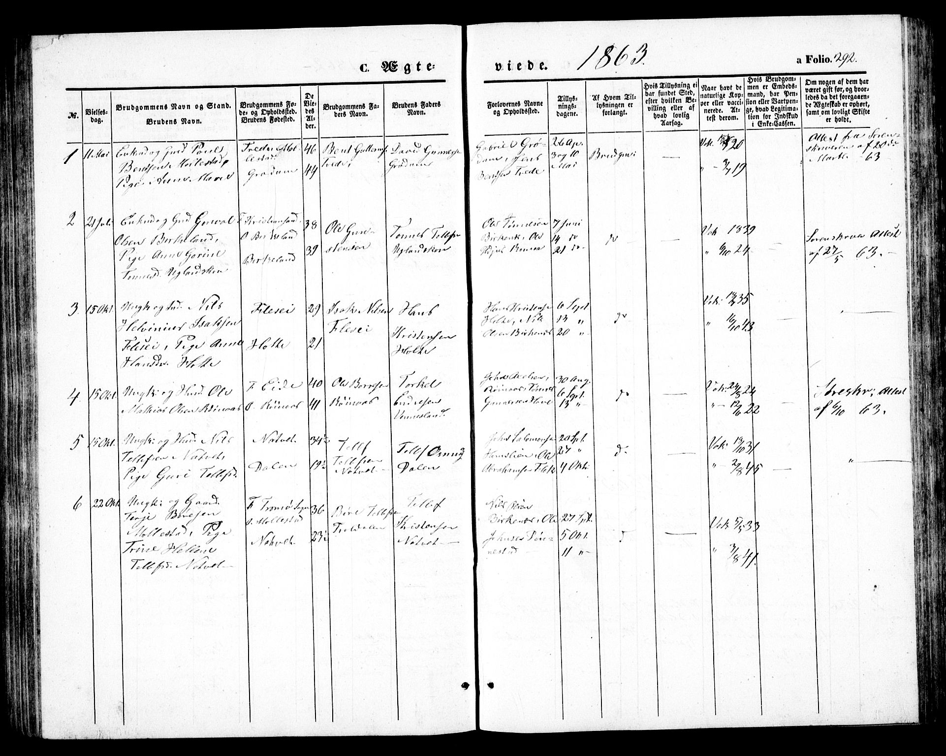 Birkenes sokneprestkontor, SAK/1111-0004/F/Fb/L0002: Parish register (copy) no. B 2, 1849-1876, p. 292