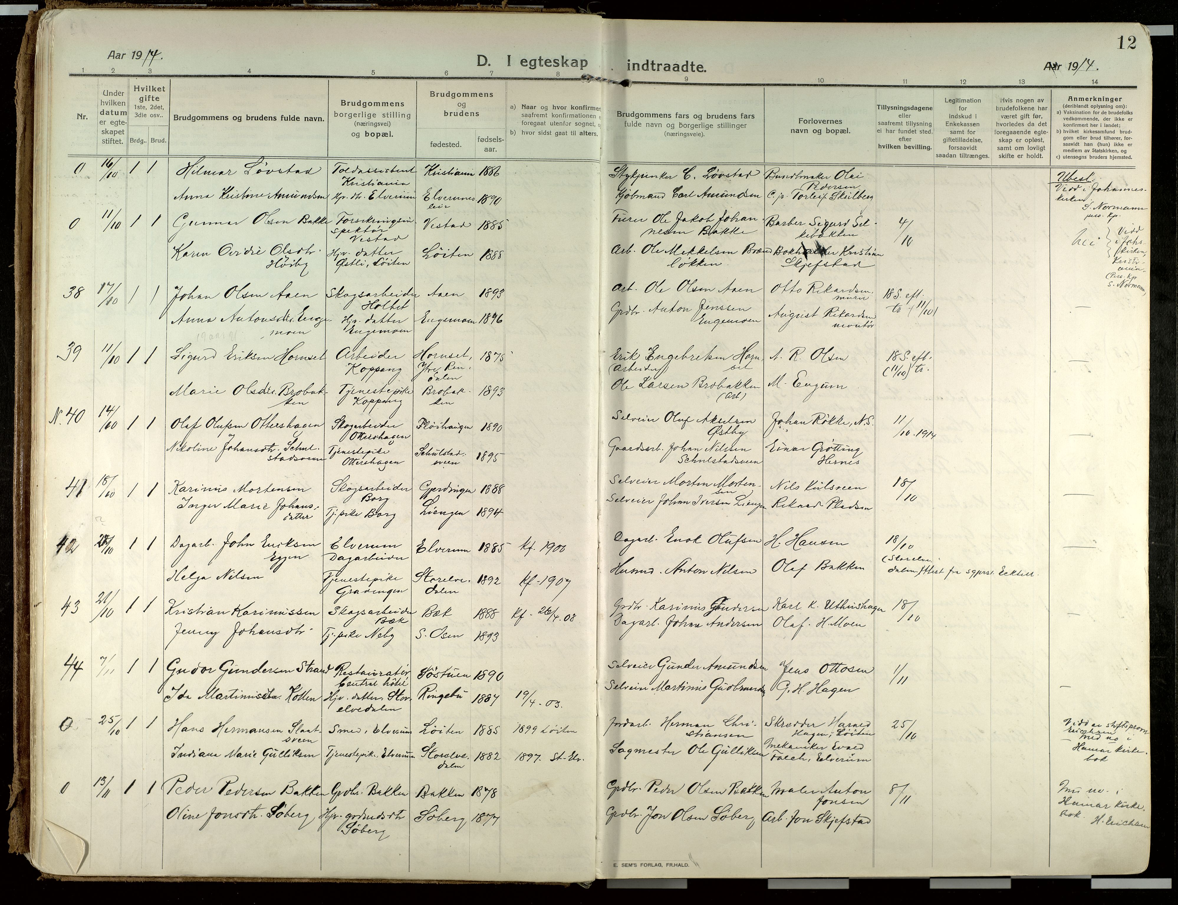 Elverum prestekontor, AV/SAH-PREST-044/H/Ha/Haa/L0021: Parish register (official) no. 21, 1913-1928, p. 12