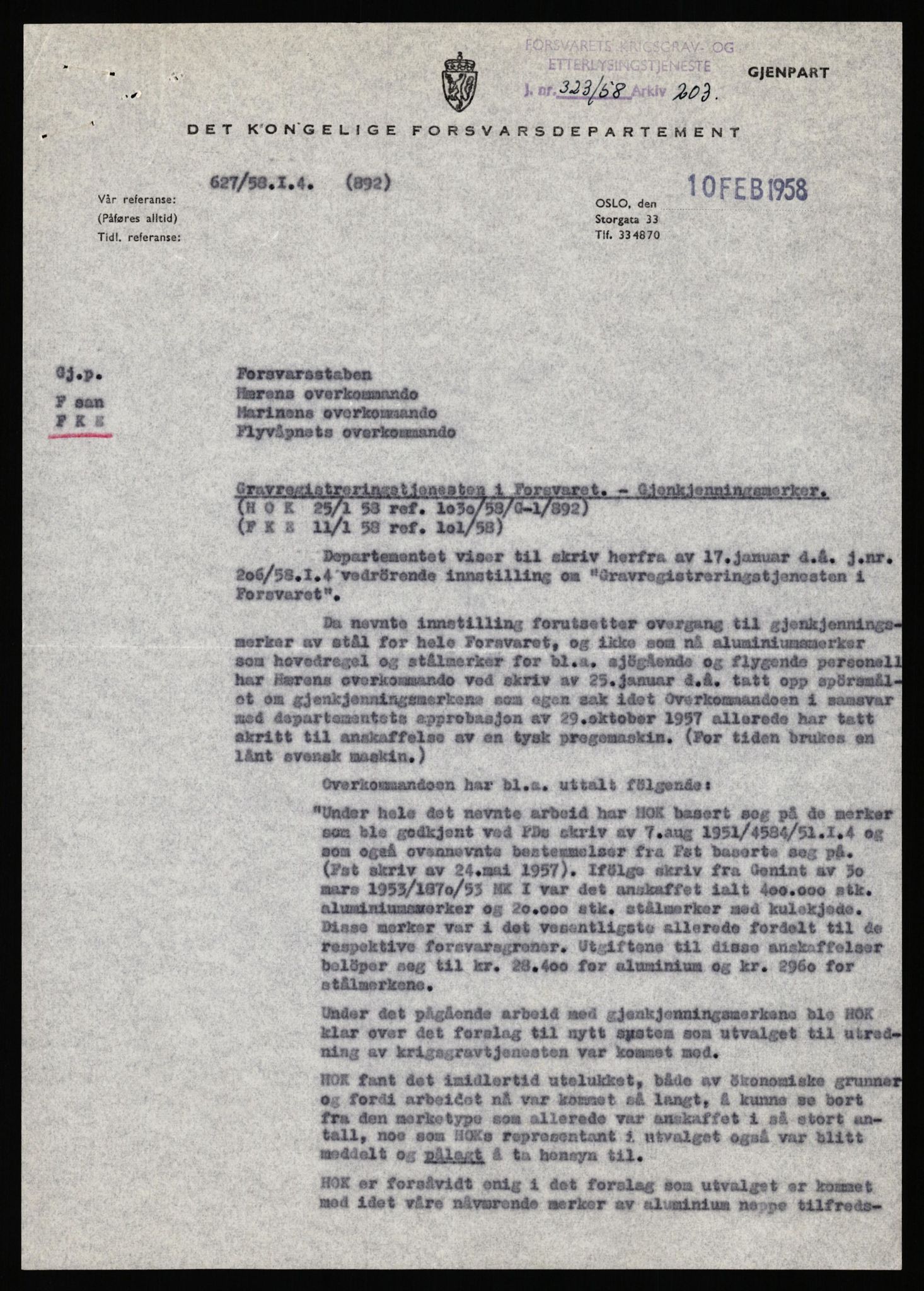 Krigsgravtjenesten, AV/RA-S-7020/D/Da/L0001: Administrasjon m.m., 1950-1966, p. 347