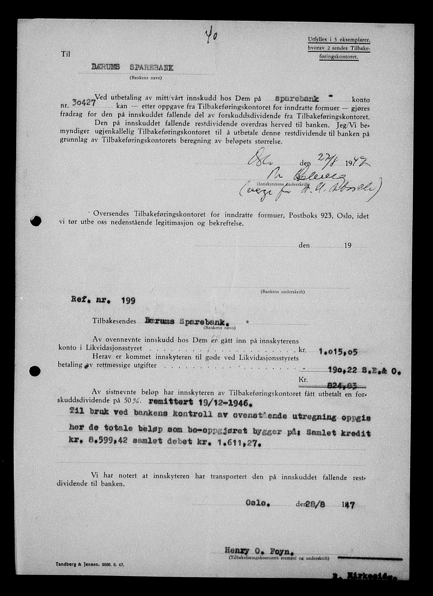 Justisdepartementet, Tilbakeføringskontoret for inndratte formuer, AV/RA-S-1564/H/Hc/Hcd/L0989: --, 1945-1947, p. 133