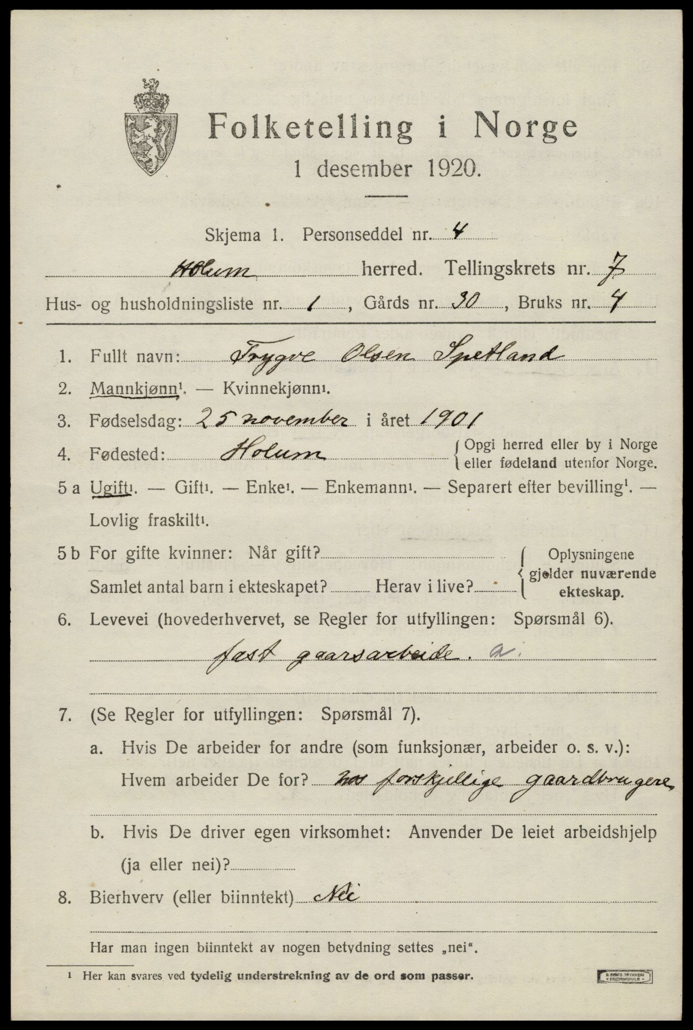 SAK, 1920 census for Holum, 1920, p. 2405