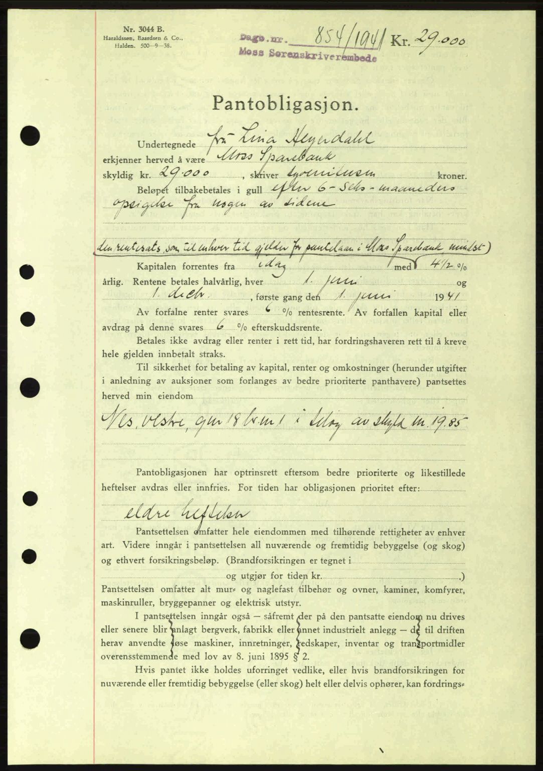 Moss sorenskriveri, SAO/A-10168: Mortgage book no. B10, 1940-1941, Diary no: : 854/1941
