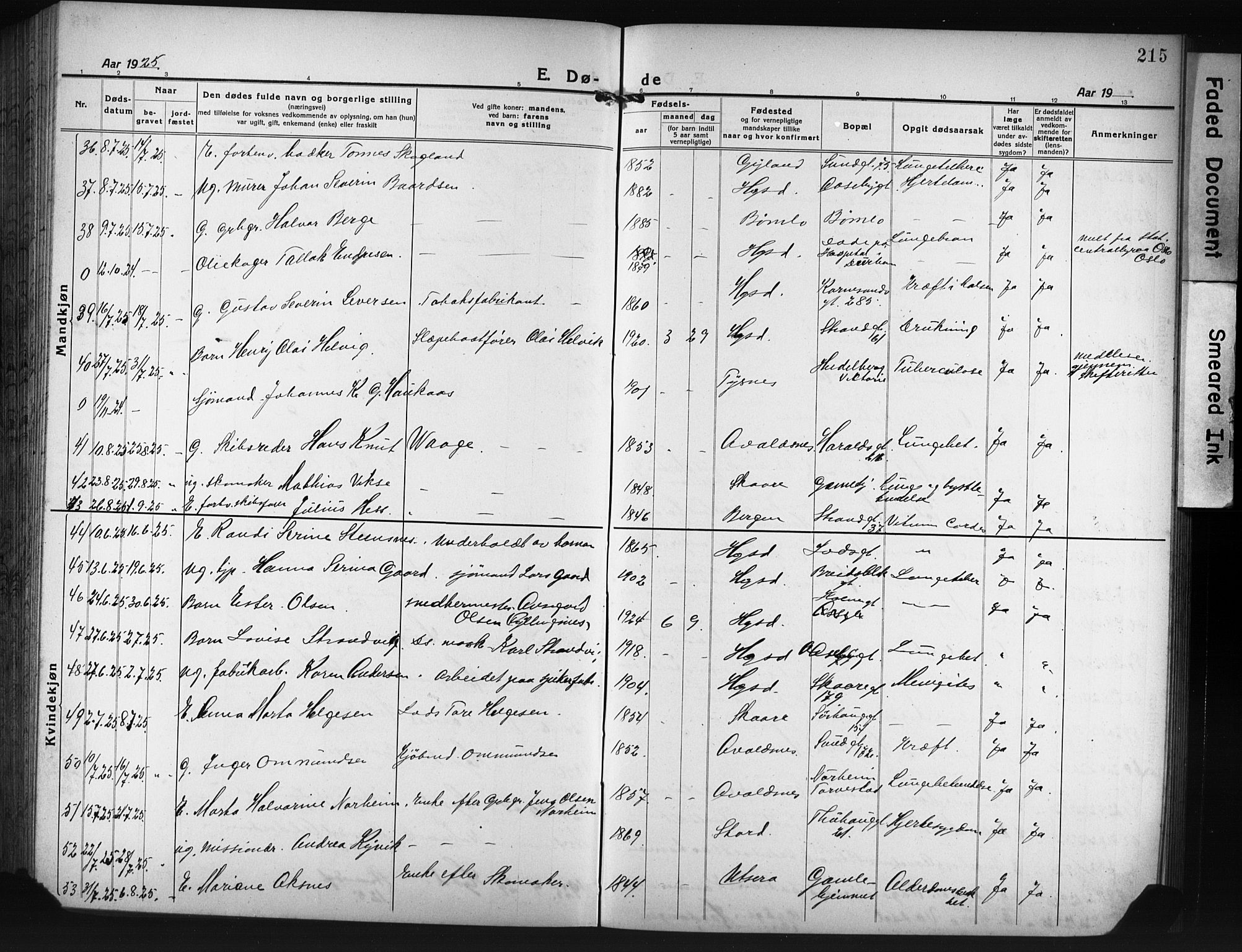 Haugesund sokneprestkontor, AV/SAST-A -101863/H/Ha/Hab/L0010: Parish register (copy) no. B 10, 1920-1931, p. 215