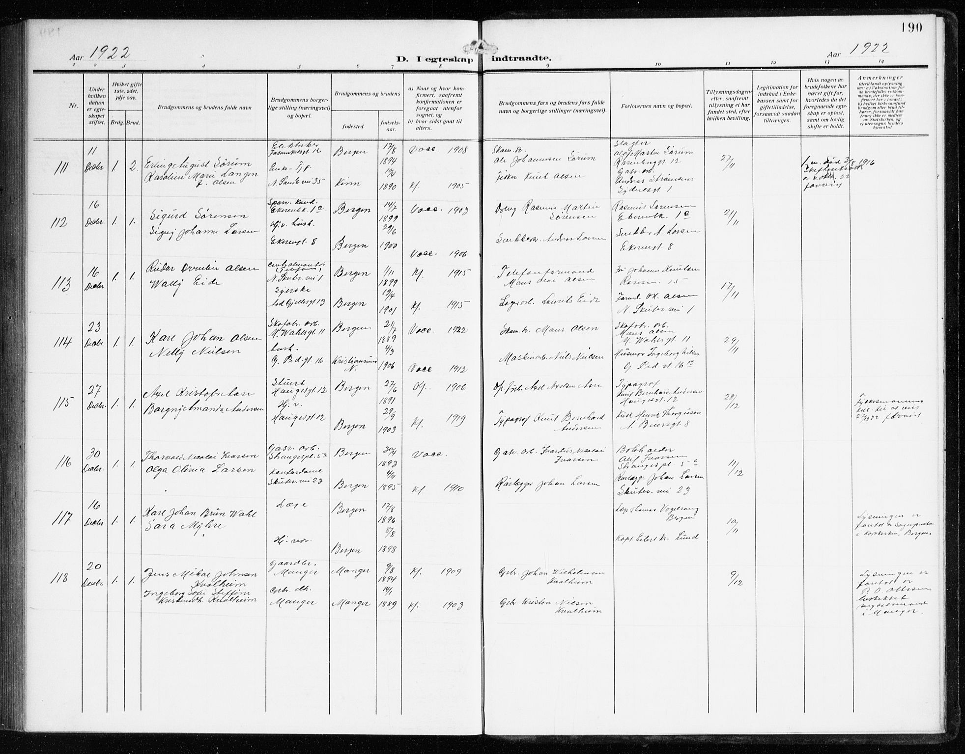 Sandviken Sokneprestembete, SAB/A-77601/H/Ha/L0015: Parish register (official) no. D 2, 1911-1923, p. 190