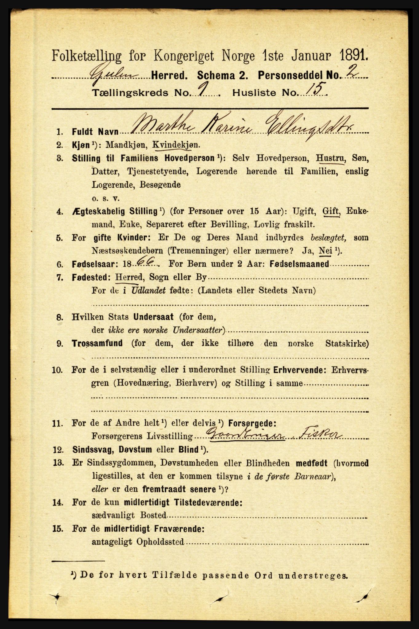 RA, 1891 census for 1411 Gulen, 1891, p. 2884