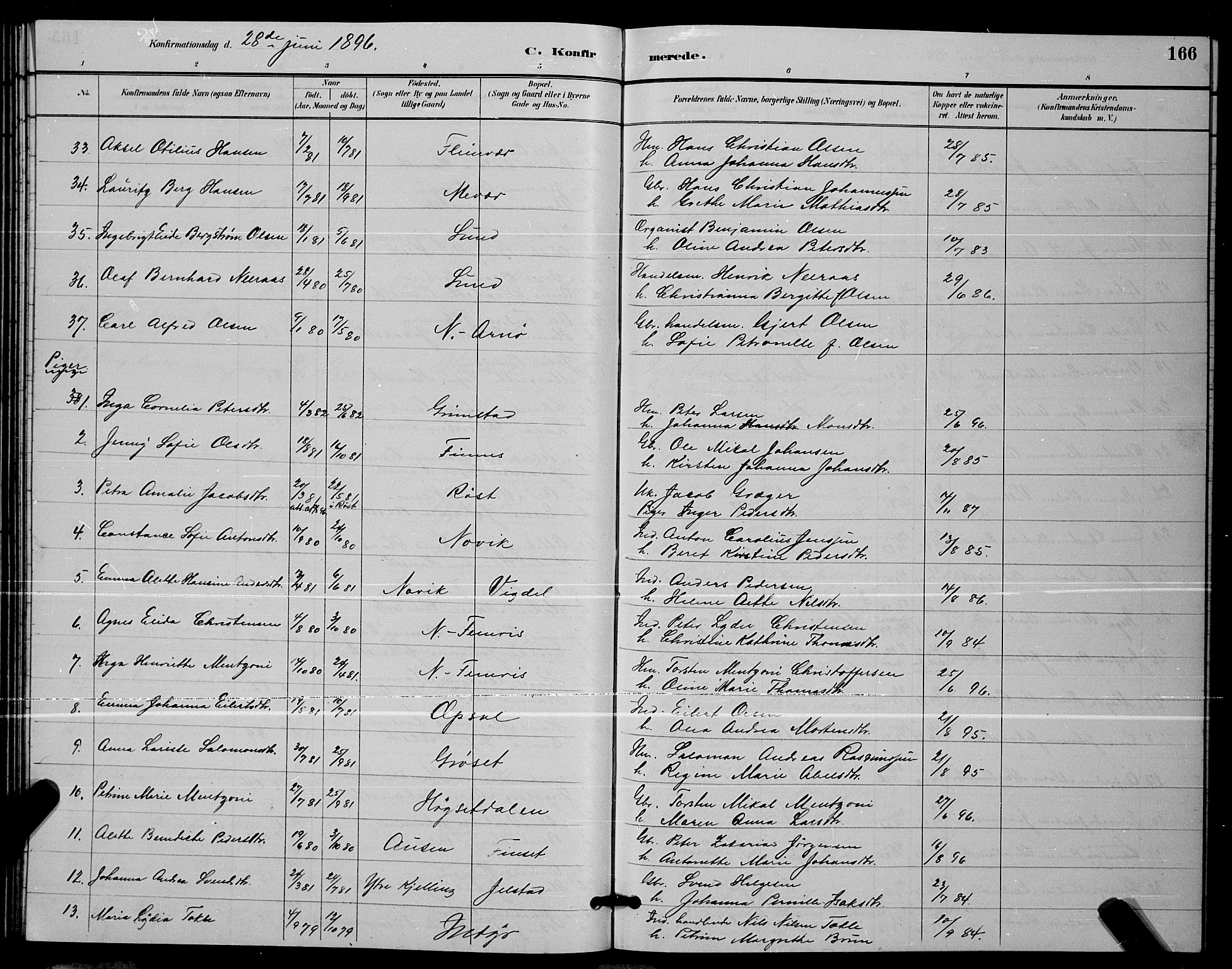 Ministerialprotokoller, klokkerbøker og fødselsregistre - Nordland, AV/SAT-A-1459/805/L0108: Parish register (copy) no. 805C04, 1885-1899, p. 166