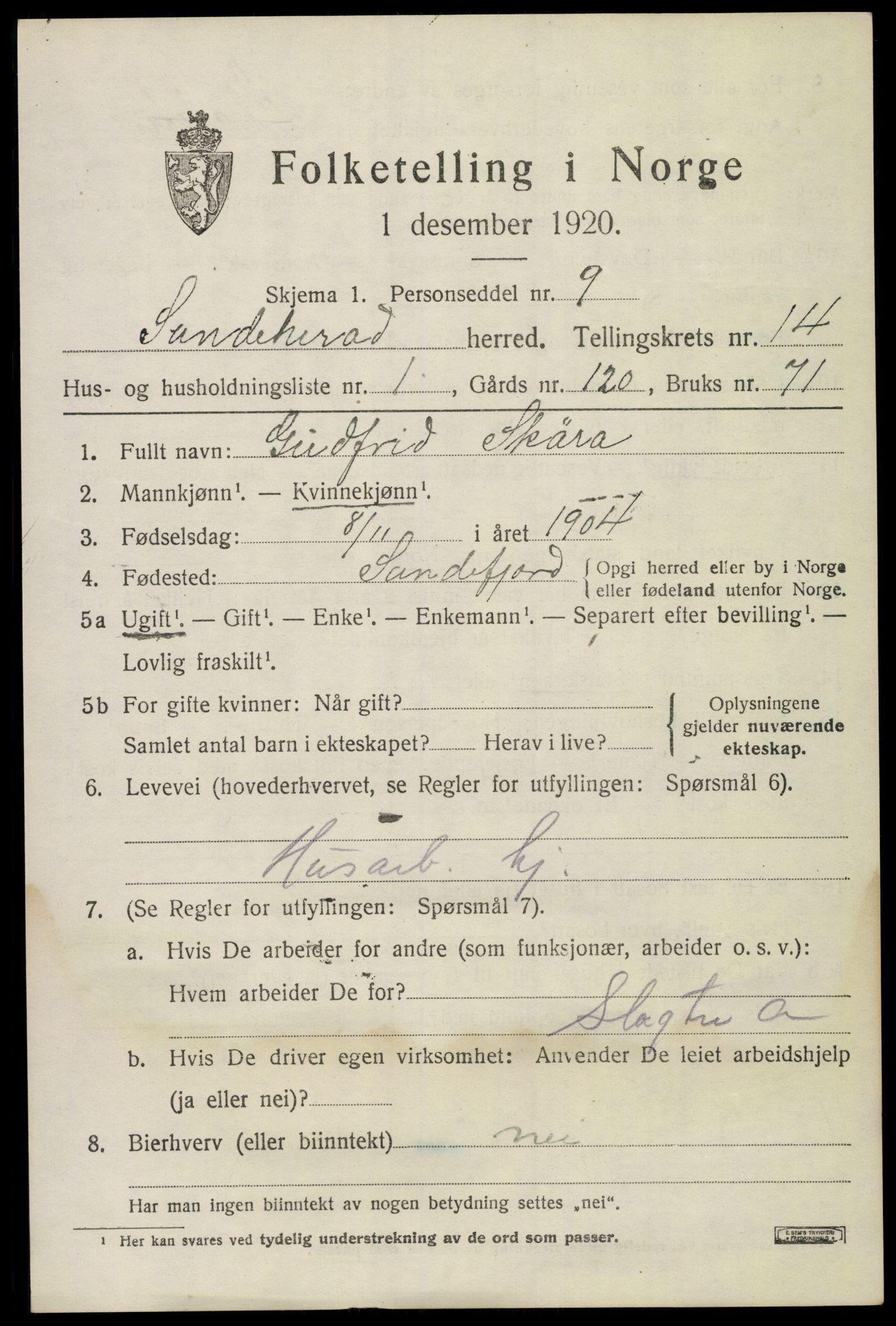 SAKO, 1920 census for Sandeherred, 1920, p. 20192