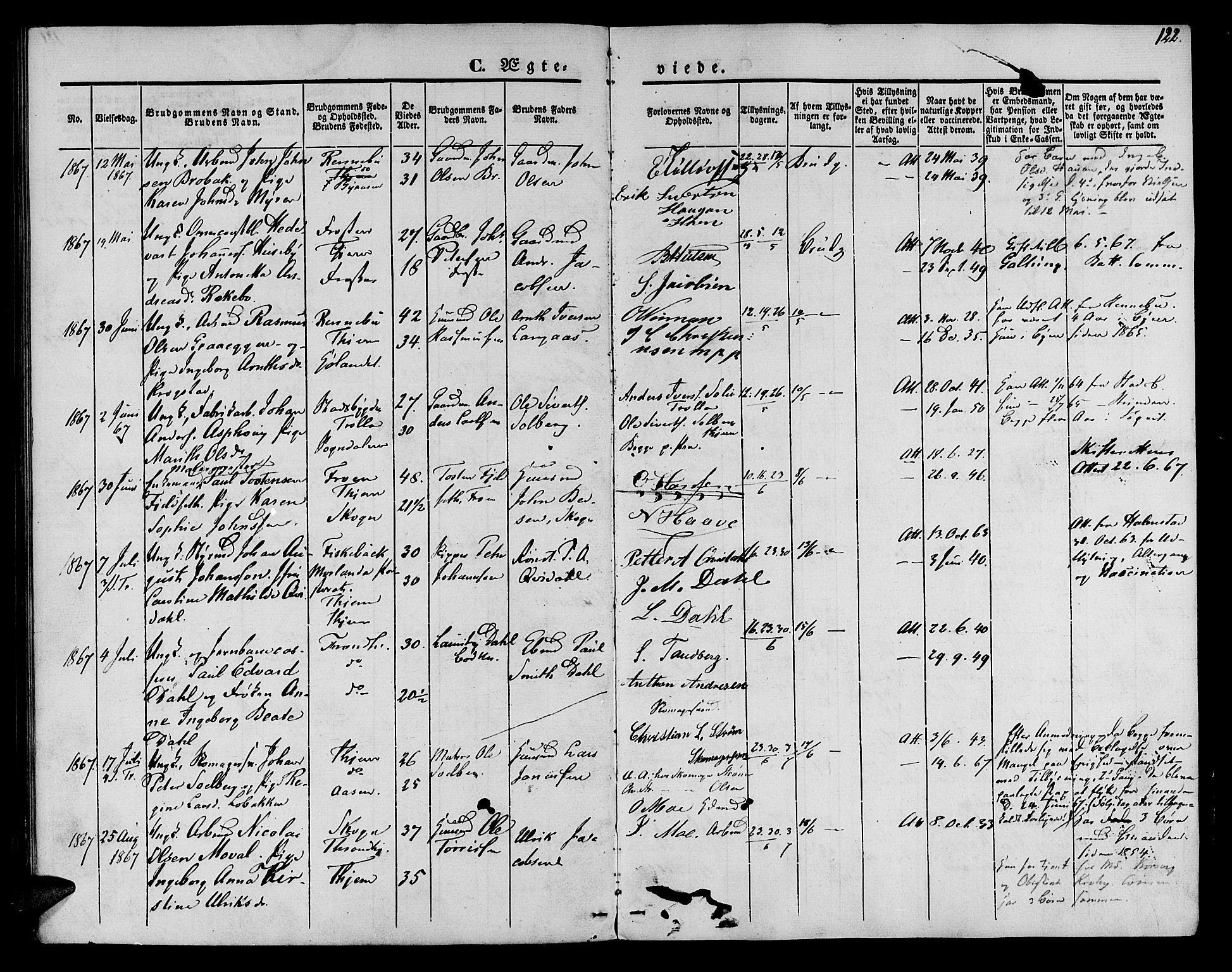 Ministerialprotokoller, klokkerbøker og fødselsregistre - Sør-Trøndelag, SAT/A-1456/602/L0111: Parish register (official) no. 602A09, 1844-1867, p. 122