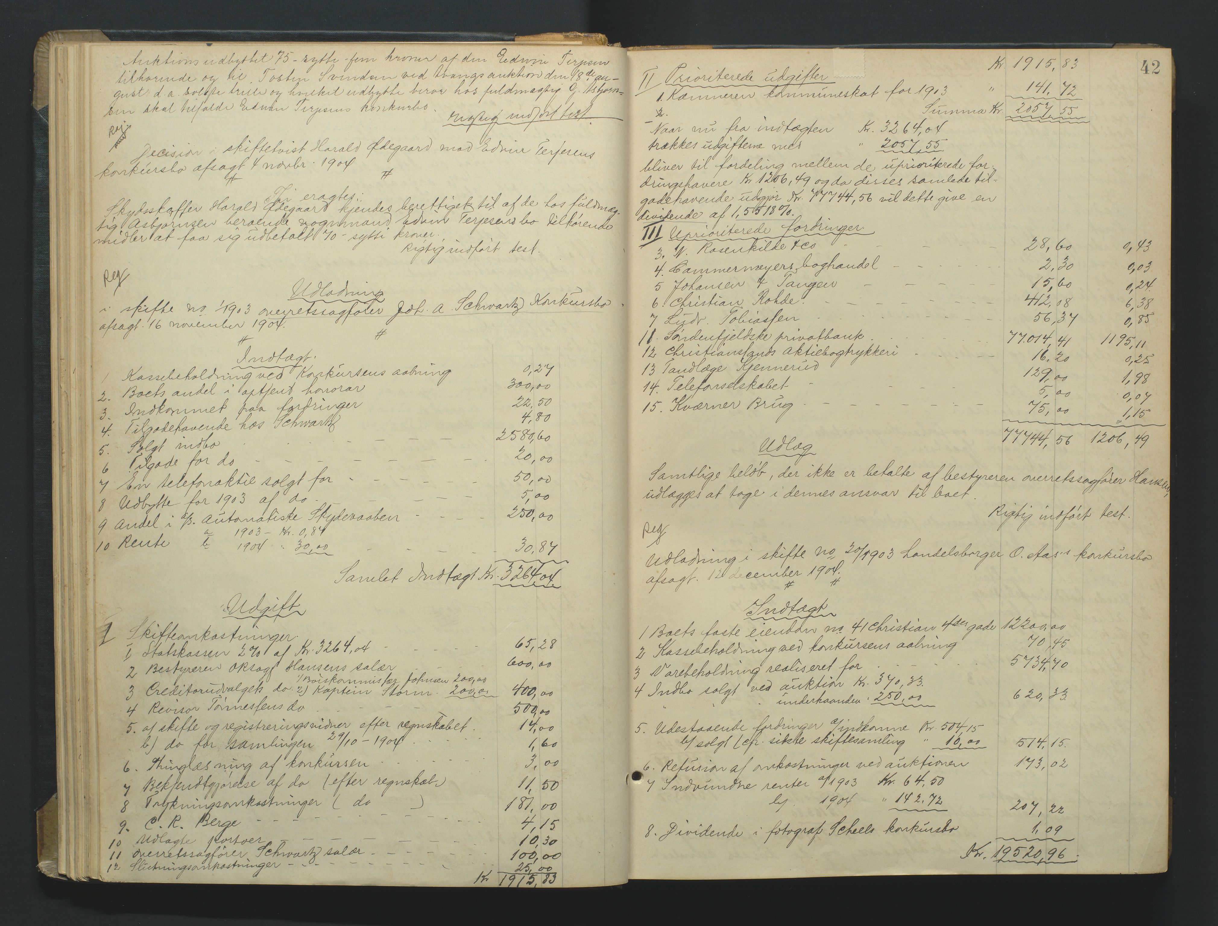 Kristiansand byrett, AV/SAK-1223-0001/H/Hc/L0060: Skifteutlodningsprotokoll nr. 6, med register, 1903-1916, p. 42