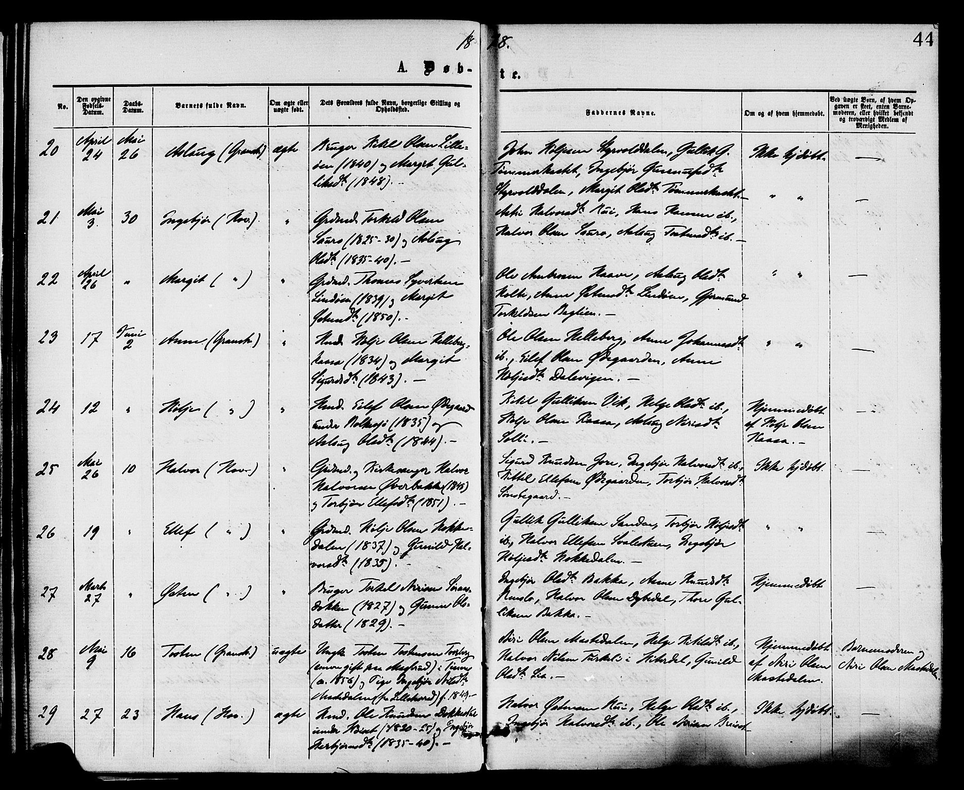 Gransherad kirkebøker, AV/SAKO-A-267/F/Fa/L0004: Parish register (official) no. I 4, 1871-1886, p. 44