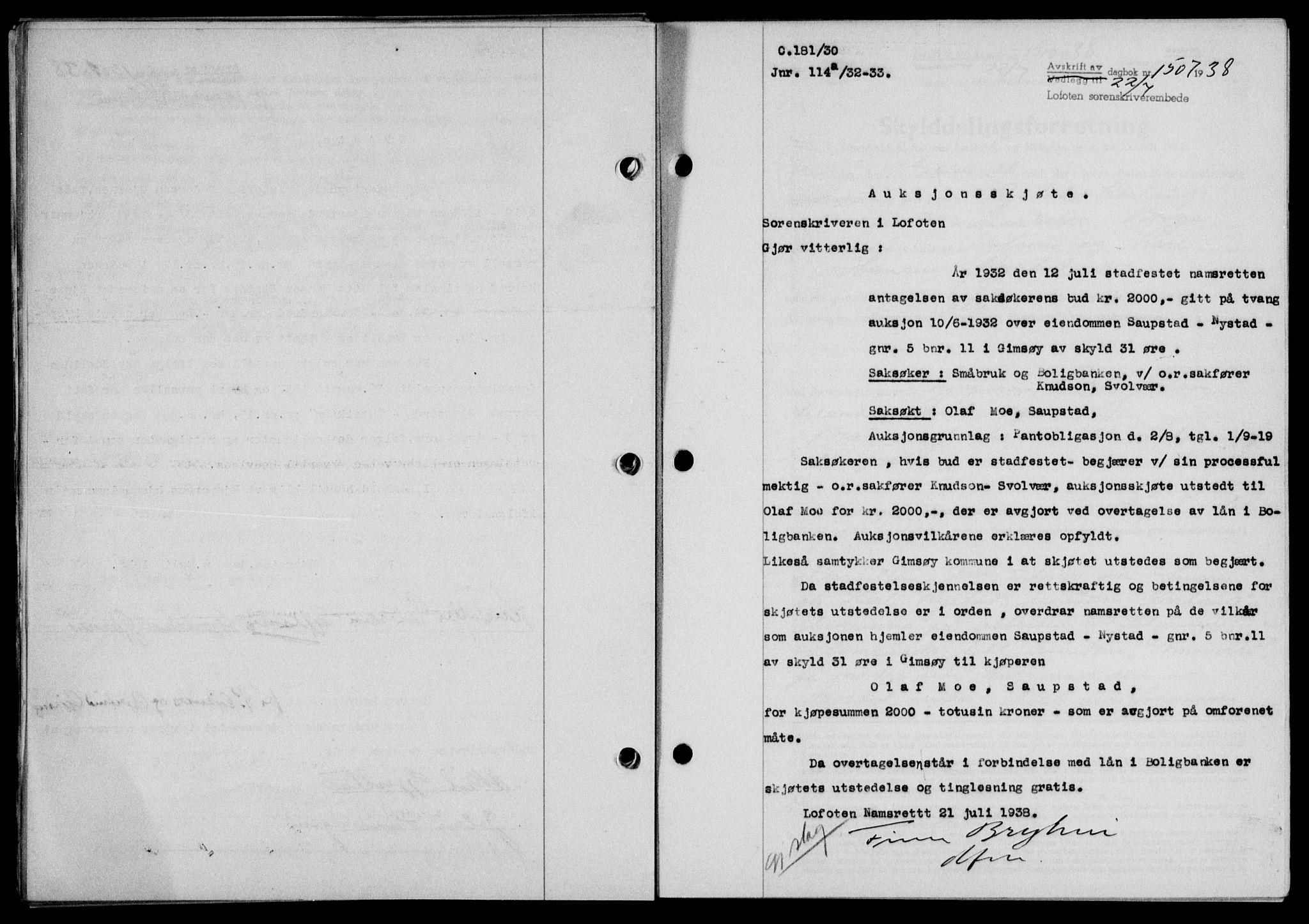 Lofoten sorenskriveri, SAT/A-0017/1/2/2C/L0004a: Mortgage book no. 4a, 1938-1938, Diary no: : 1507/1938
