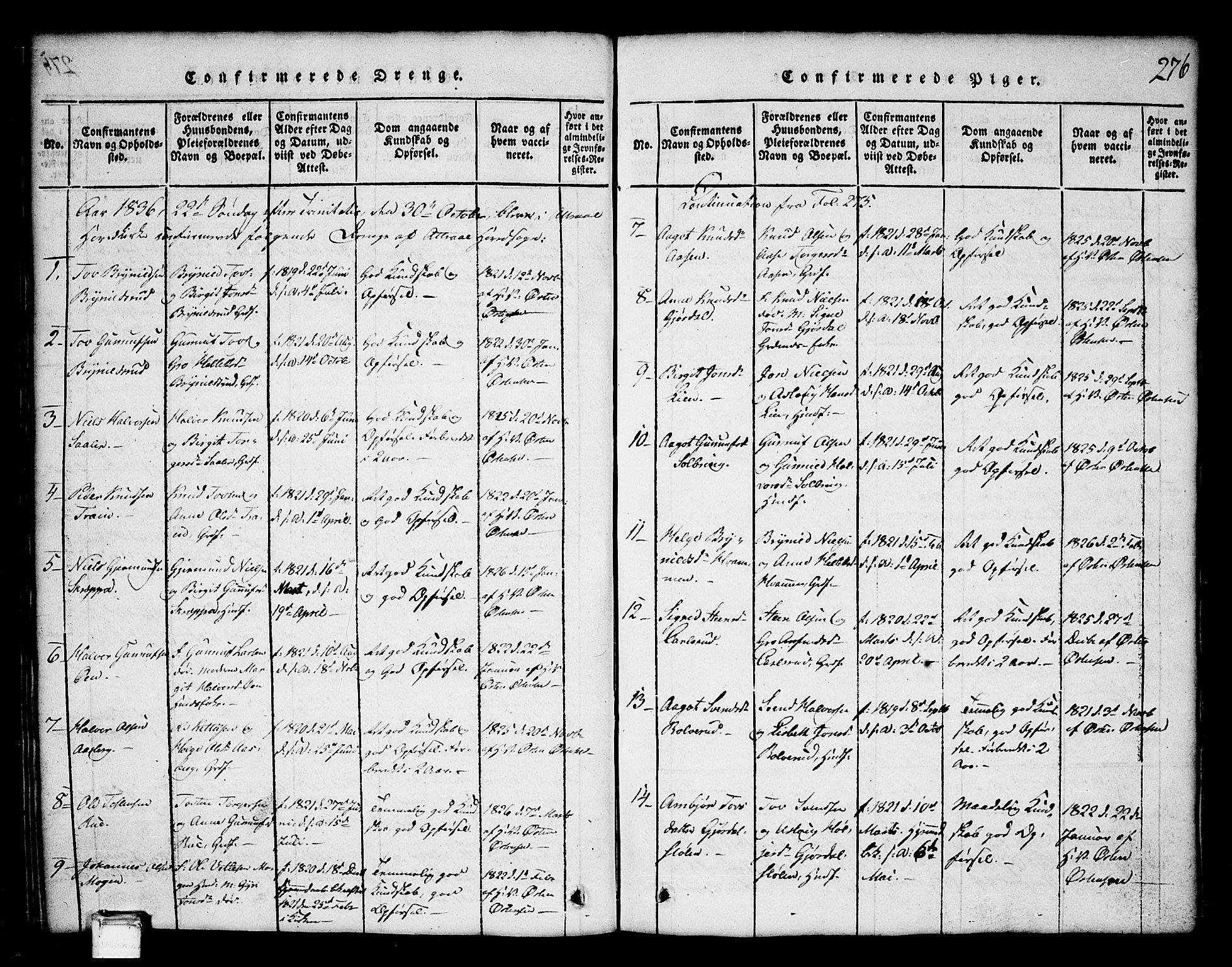 Tinn kirkebøker, SAKO/A-308/G/Ga/L0001: Parish register (copy) no. I 1, 1815-1850, p. 276