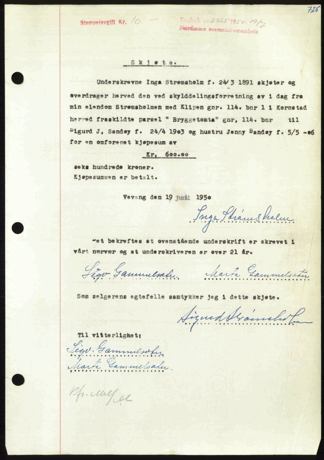 Nordmøre sorenskriveri, AV/SAT-A-4132/1/2/2Ca: Mortgage book no. A115, 1950-1950, Diary no: : 2325/1950