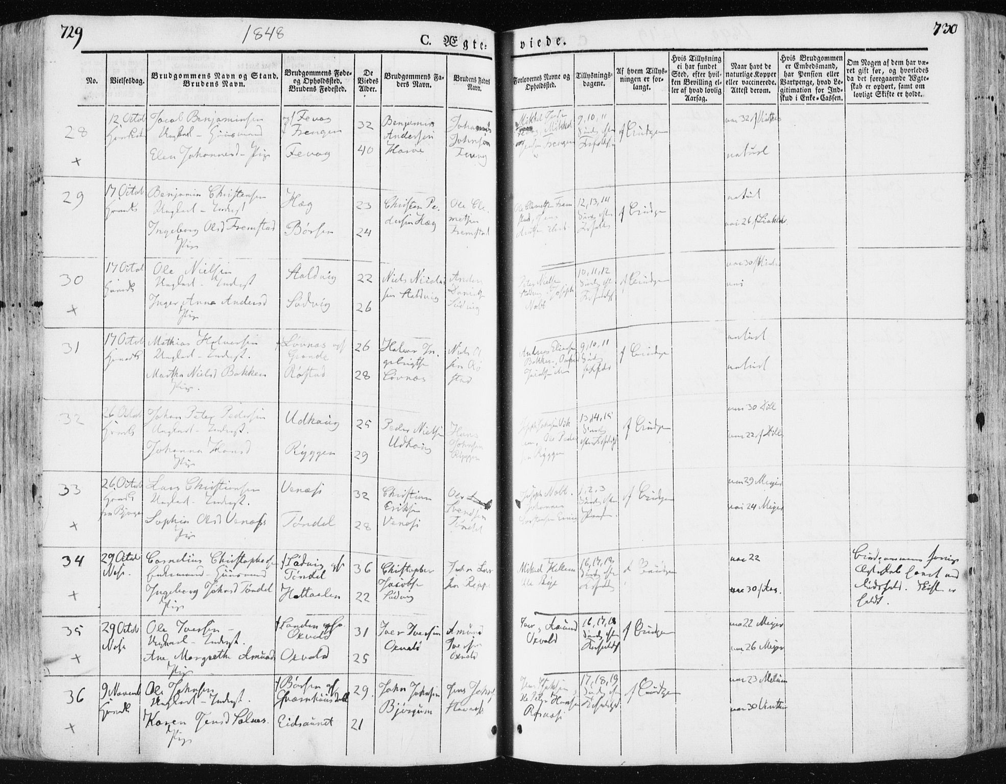 Ministerialprotokoller, klokkerbøker og fødselsregistre - Sør-Trøndelag, SAT/A-1456/659/L0736: Parish register (official) no. 659A06, 1842-1856, p. 729-730