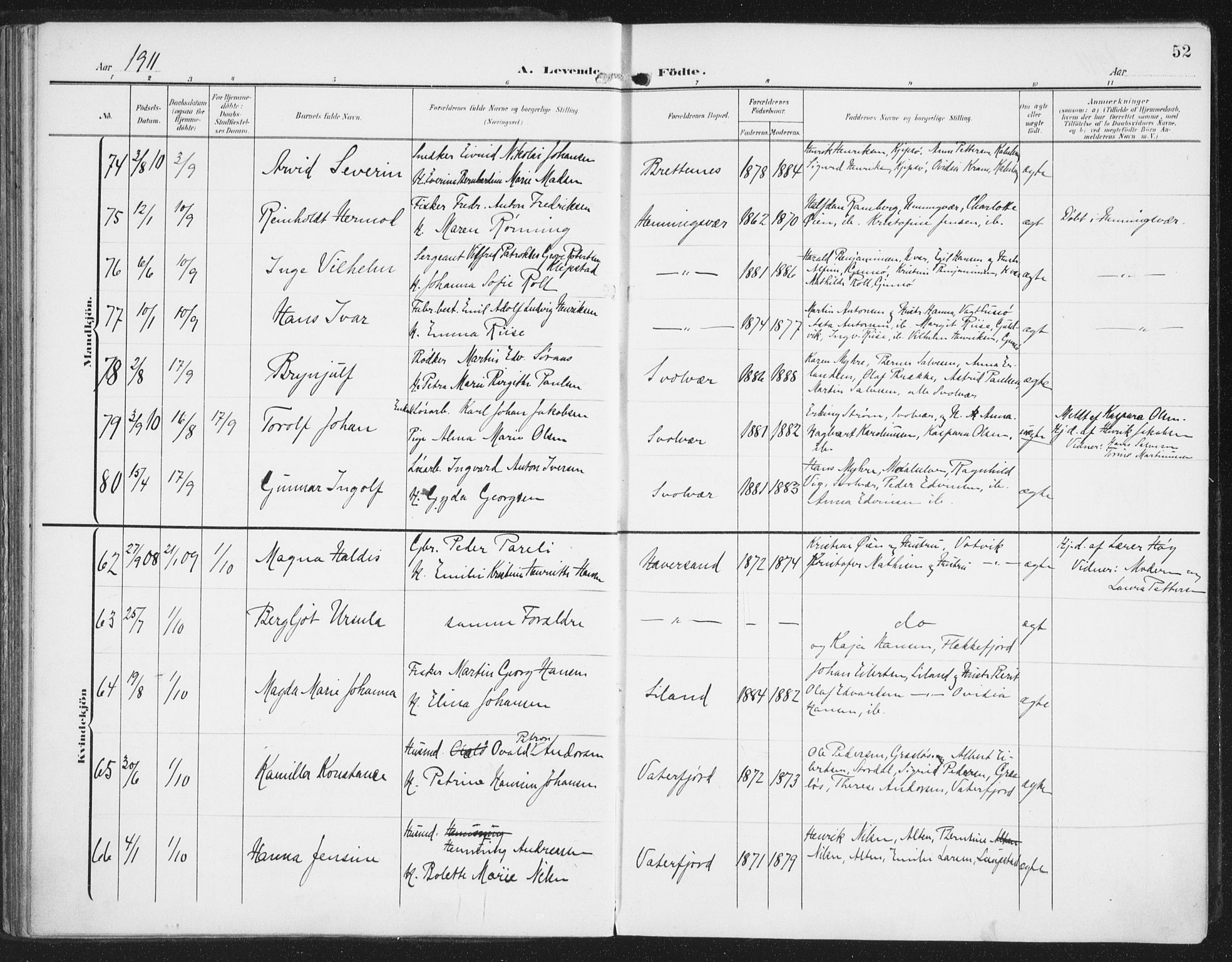 Ministerialprotokoller, klokkerbøker og fødselsregistre - Nordland, AV/SAT-A-1459/874/L1063: Parish register (official) no. 874A07, 1907-1915, p. 52