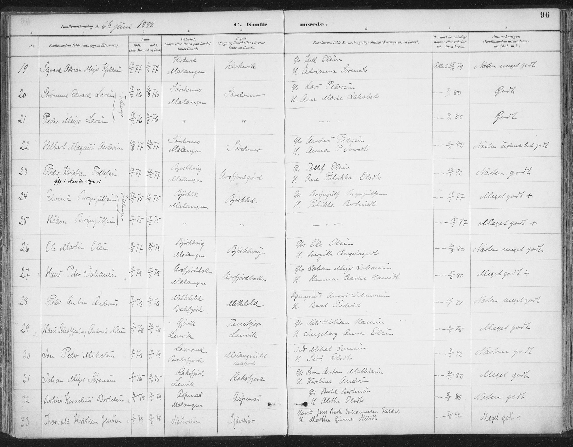 Balsfjord sokneprestembete, AV/SATØ-S-1303/G/Ga/L0007kirke: Parish register (official) no. 7, 1887-1909, p. 96