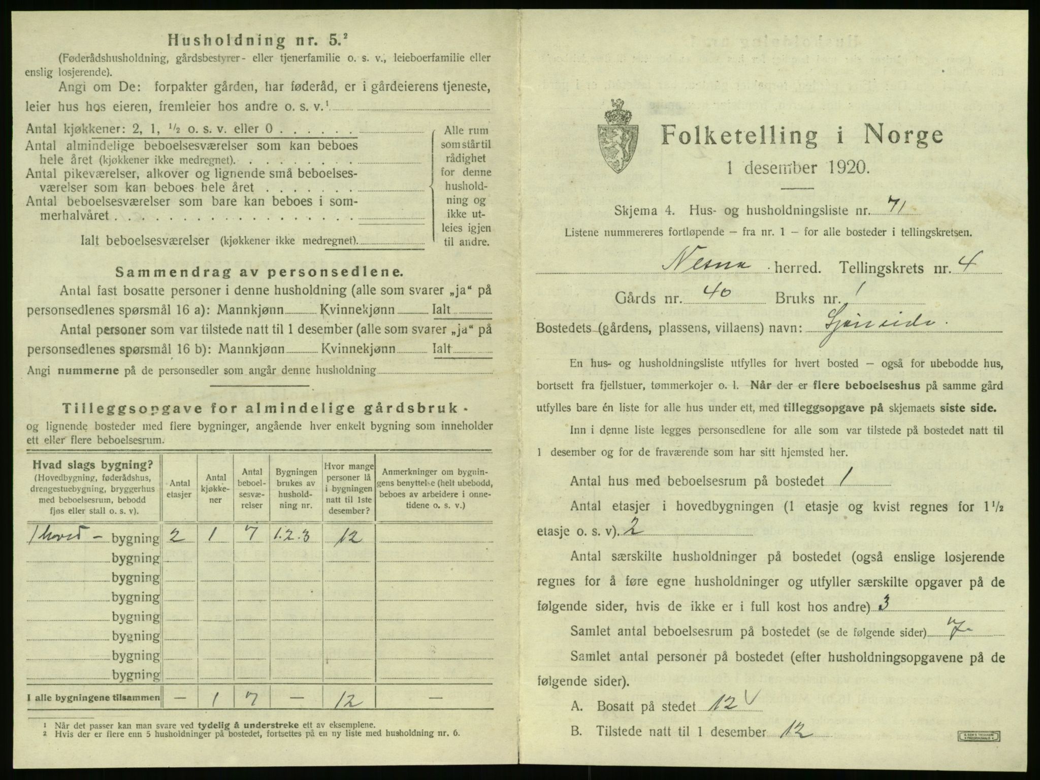 SAT, 1920 census for Nesna, 1920, p. 539