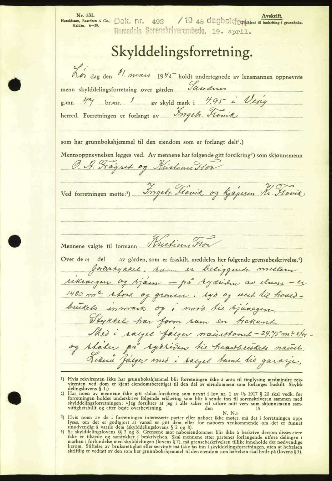 Romsdal sorenskriveri, AV/SAT-A-4149/1/2/2C: Mortgage book no. A17, 1944-1945, Diary no: : 492/1945