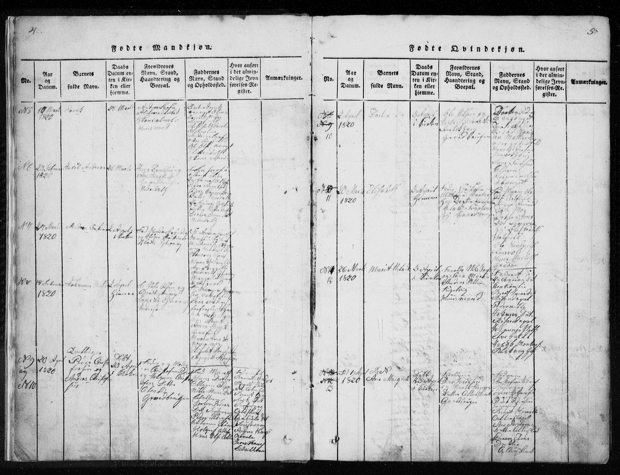 Ministerialprotokoller, klokkerbøker og fødselsregistre - Nordland, AV/SAT-A-1459/827/L0412: Parish register (copy) no. 827C01, 1820-1841, p. 4-5