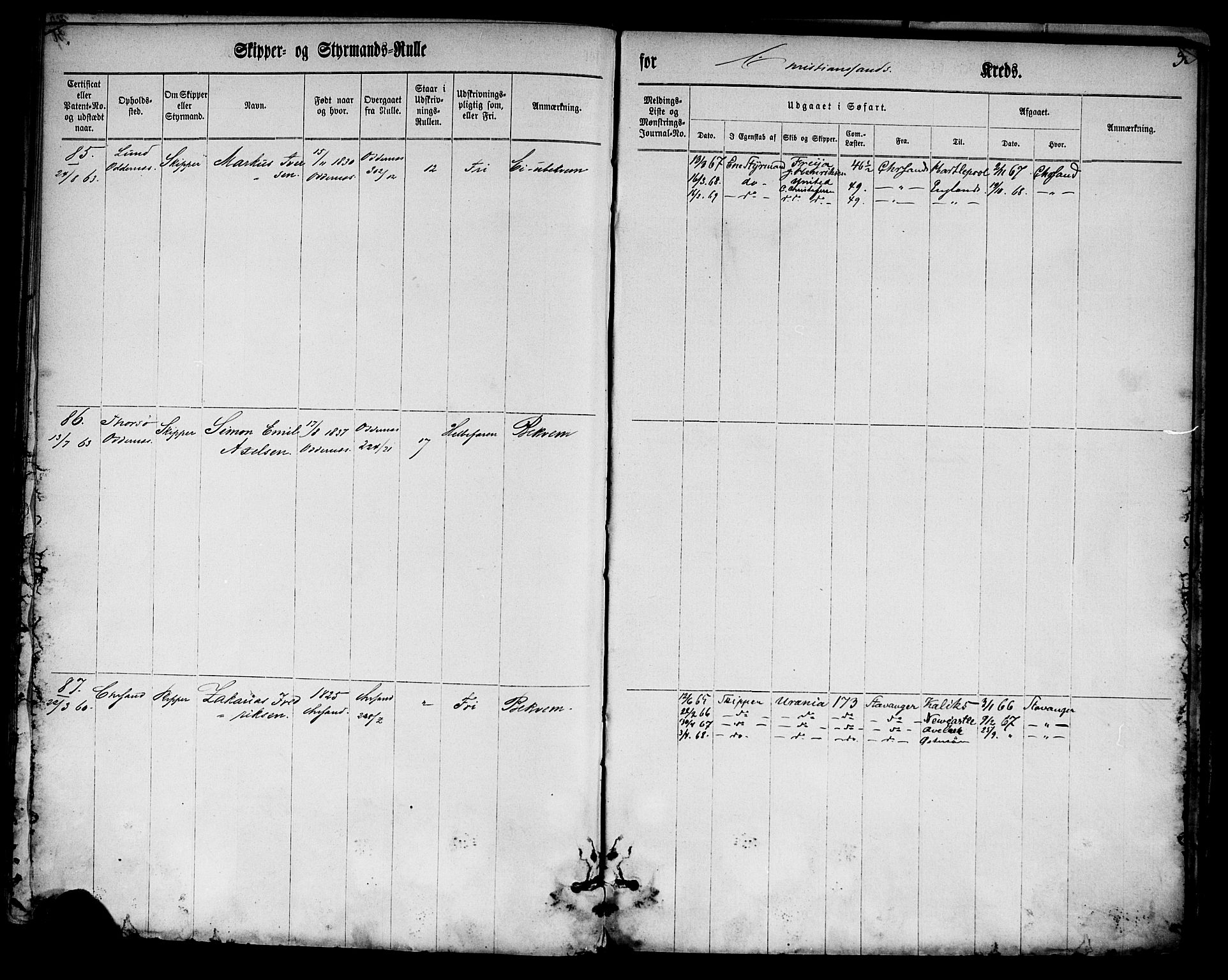 Kristiansand mønstringskrets, SAK/2031-0015/F/Fc/L0001: Skipper- og styrmannsrulle nr 1-288, med register, K-1, 1860-1870, p. 42