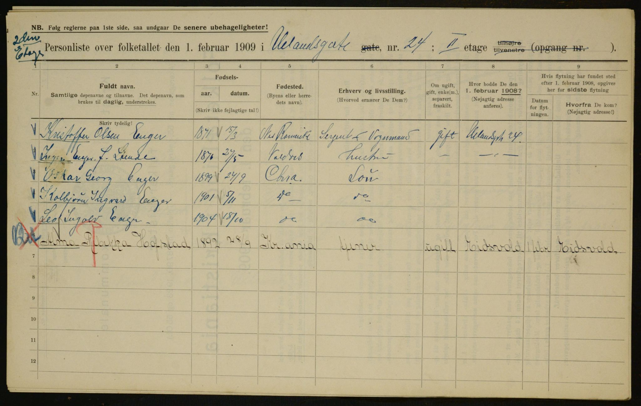 OBA, Municipal Census 1909 for Kristiania, 1909, p. 107599