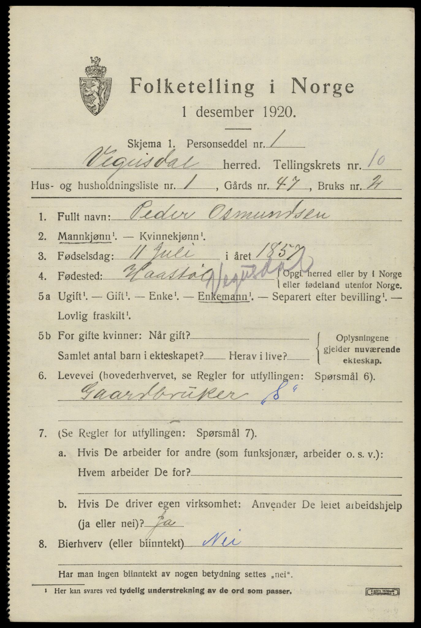 SAK, 1920 census for Vegusdal, 1920, p. 2063