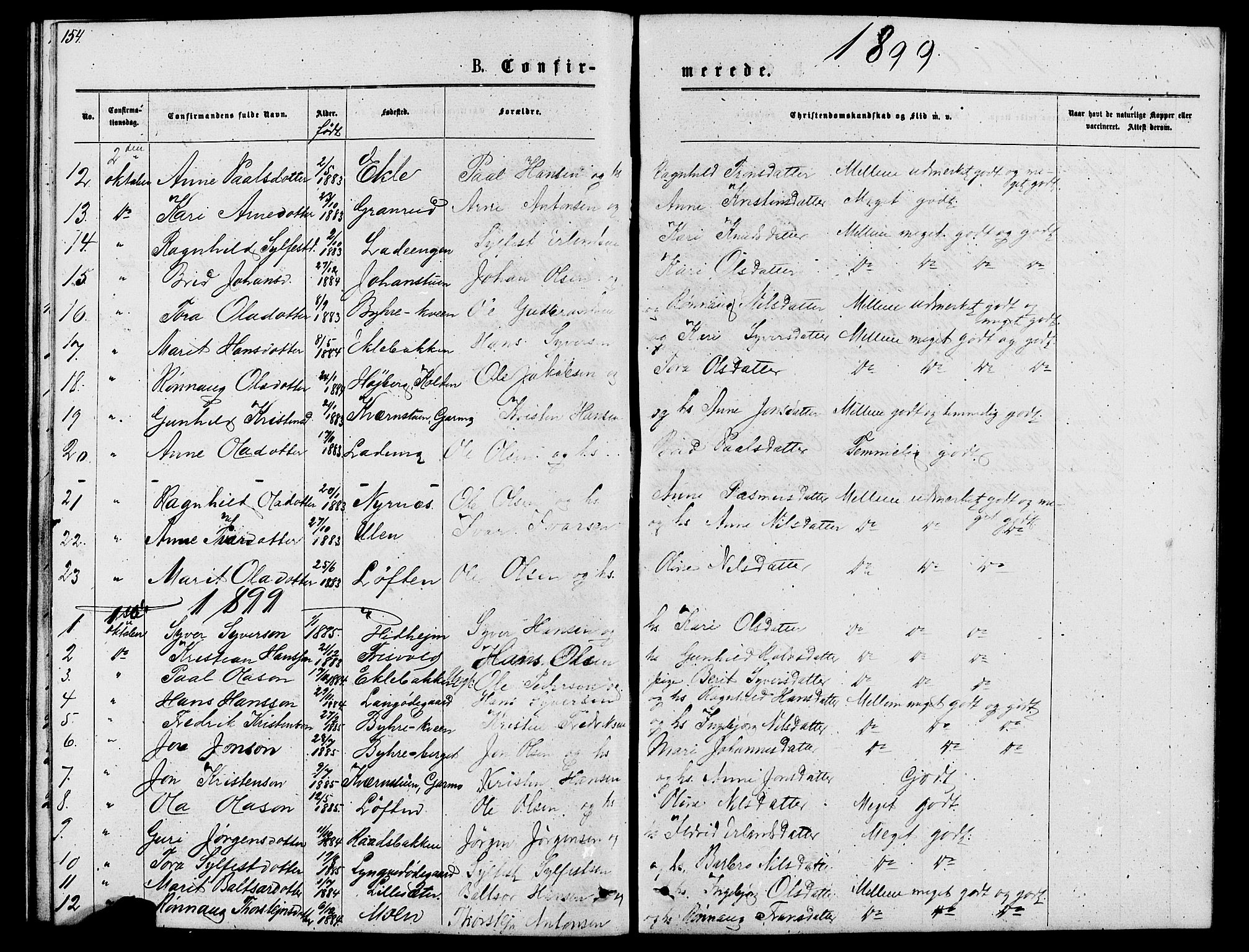 Lom prestekontor, SAH/PREST-070/L/L0005: Parish register (copy) no. 5, 1876-1901, p. 154-155