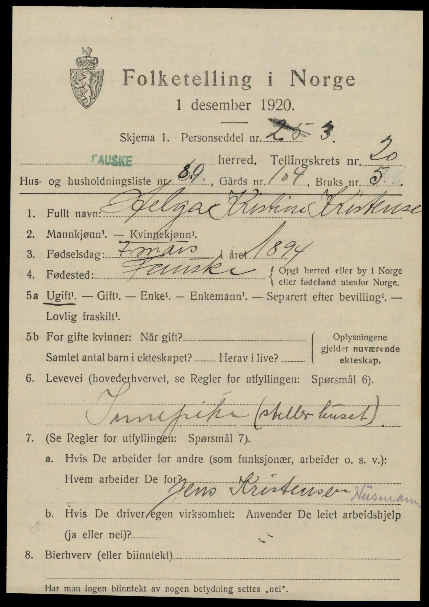 SAT, 1920 census for Fauske, 1920, p. 12908