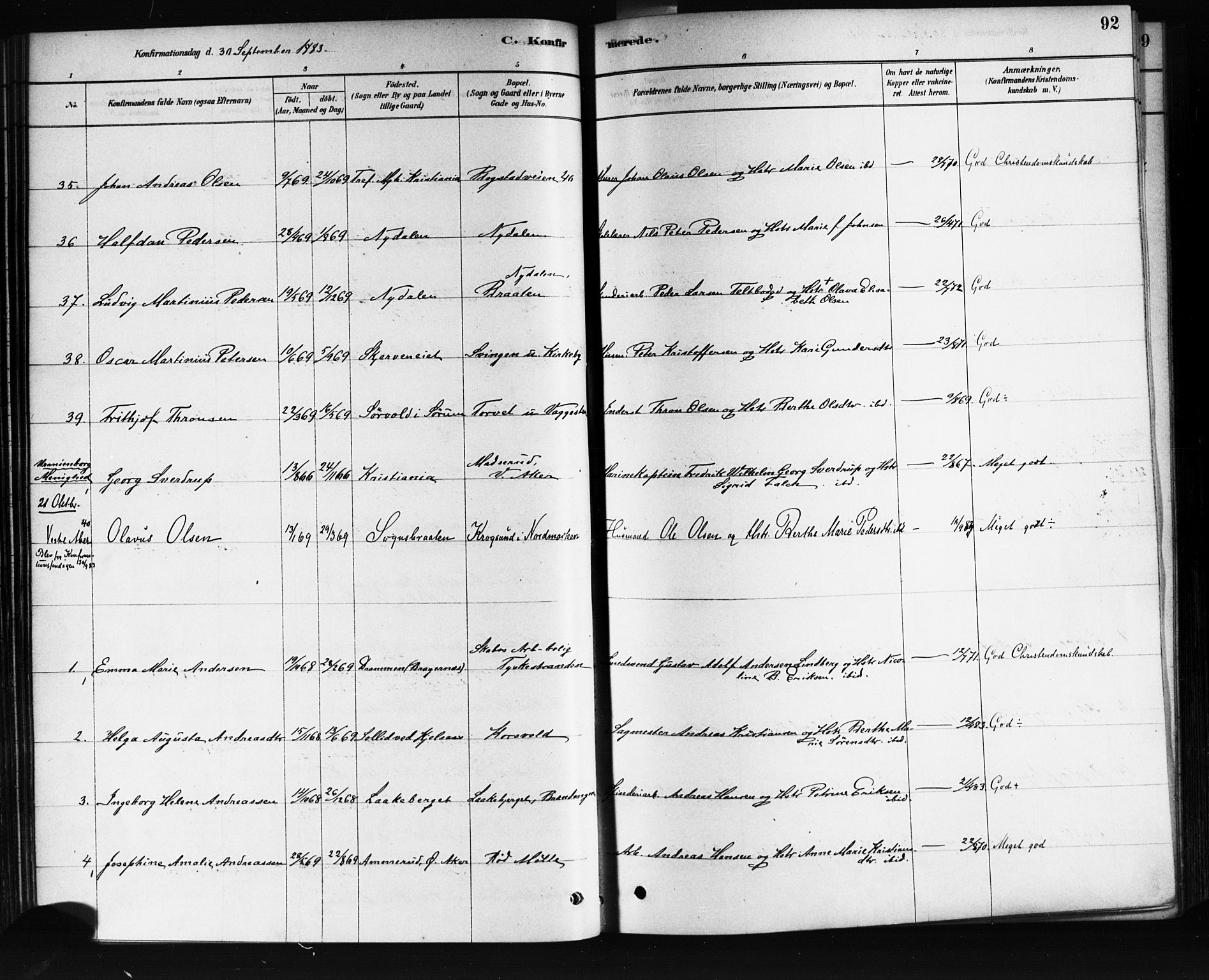 Vestre Aker prestekontor Kirkebøker, AV/SAO-A-10025/F/Fa/L0008: Parish register (official) no. 8, 1878-1903, p. 92