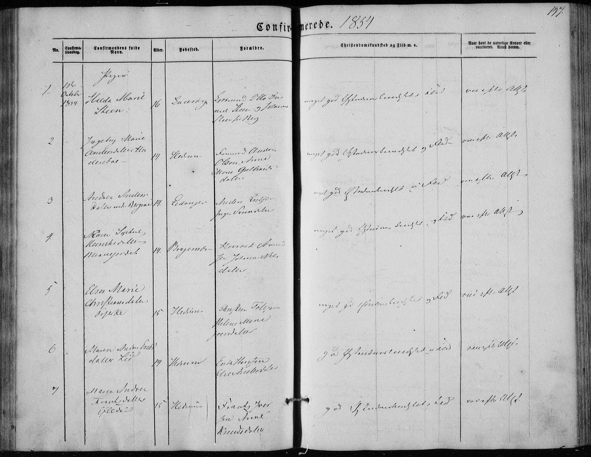 Hedrum kirkebøker, AV/SAKO-A-344/F/Fa/L0006: Parish register (official) no. I 6, 1849-1857, p. 197