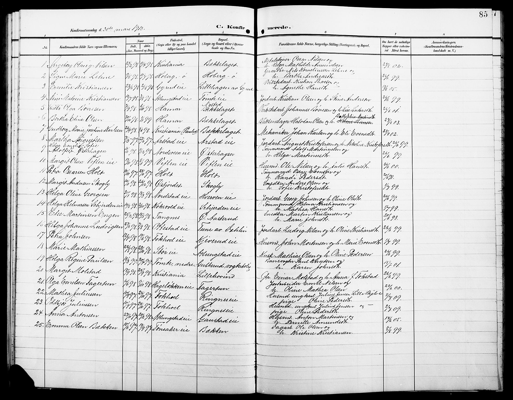 Stange prestekontor, AV/SAH-PREST-002/L/L0013: Parish register (copy) no. 13, 1906-1915, p. 85