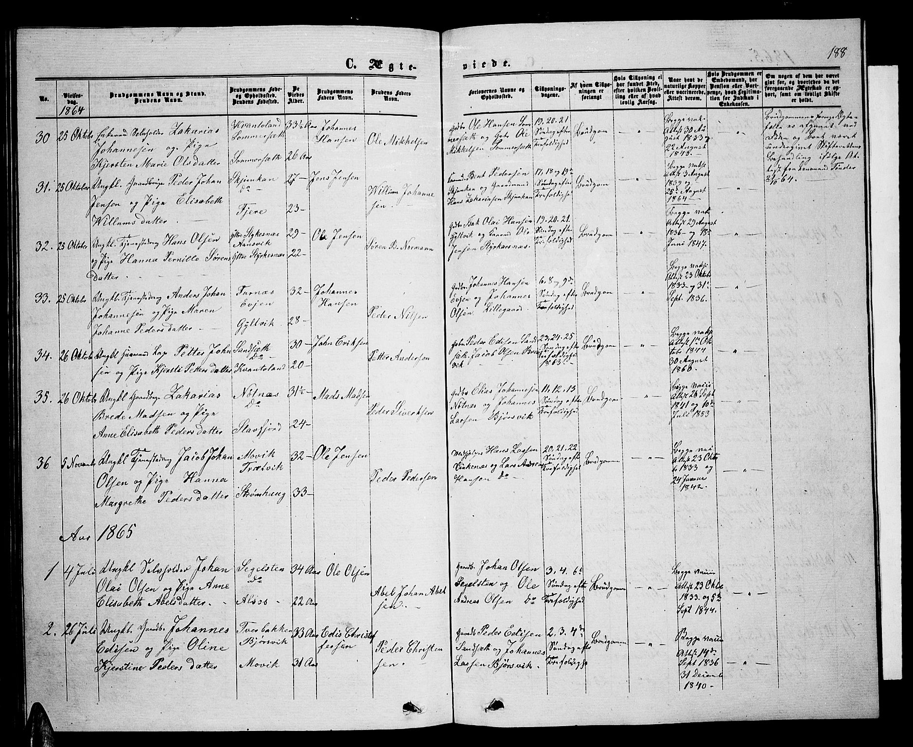 Ministerialprotokoller, klokkerbøker og fødselsregistre - Nordland, AV/SAT-A-1459/853/L0775: Parish register (copy) no. 853C03, 1859-1877, p. 188