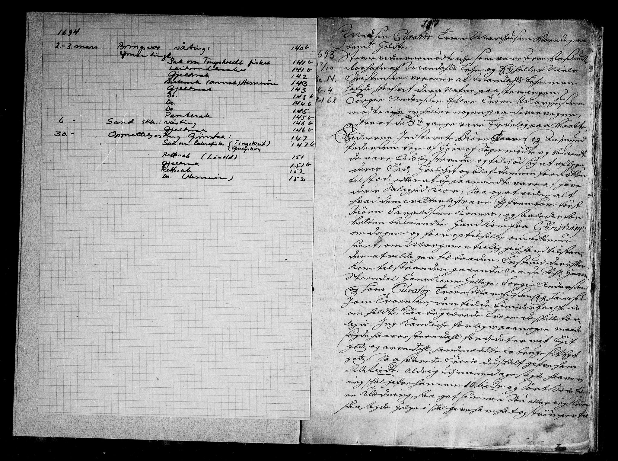 Nedenes sorenskriveri før 1824, SAK/1221-0007/F/Fa/L0008: Tingbok med register nr 4b, 1693-1694, p. 116b-117a