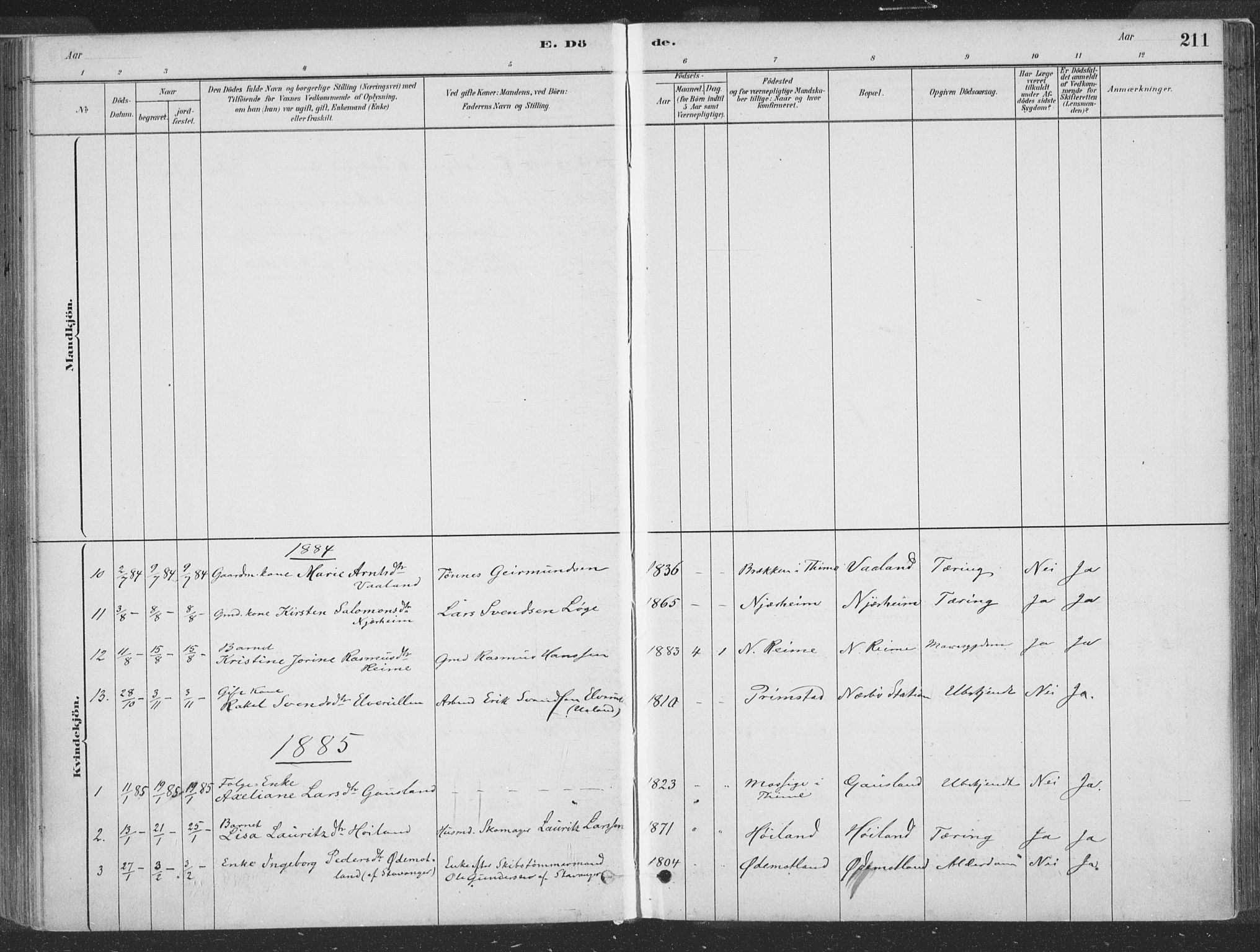 Hå sokneprestkontor, SAST/A-101801/001/30BA/L0010: Parish register (official) no. A 9, 1879-1896, p. 211