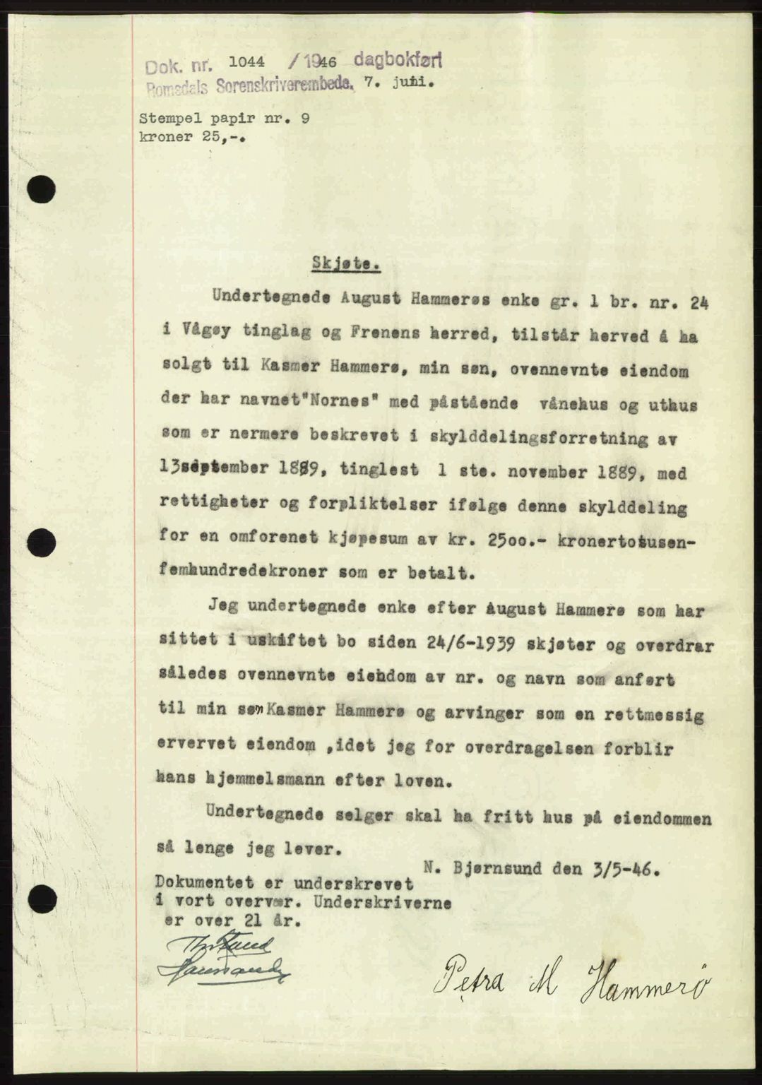 Romsdal sorenskriveri, AV/SAT-A-4149/1/2/2C: Mortgage book no. A20, 1946-1946, Diary no: : 1044/1946