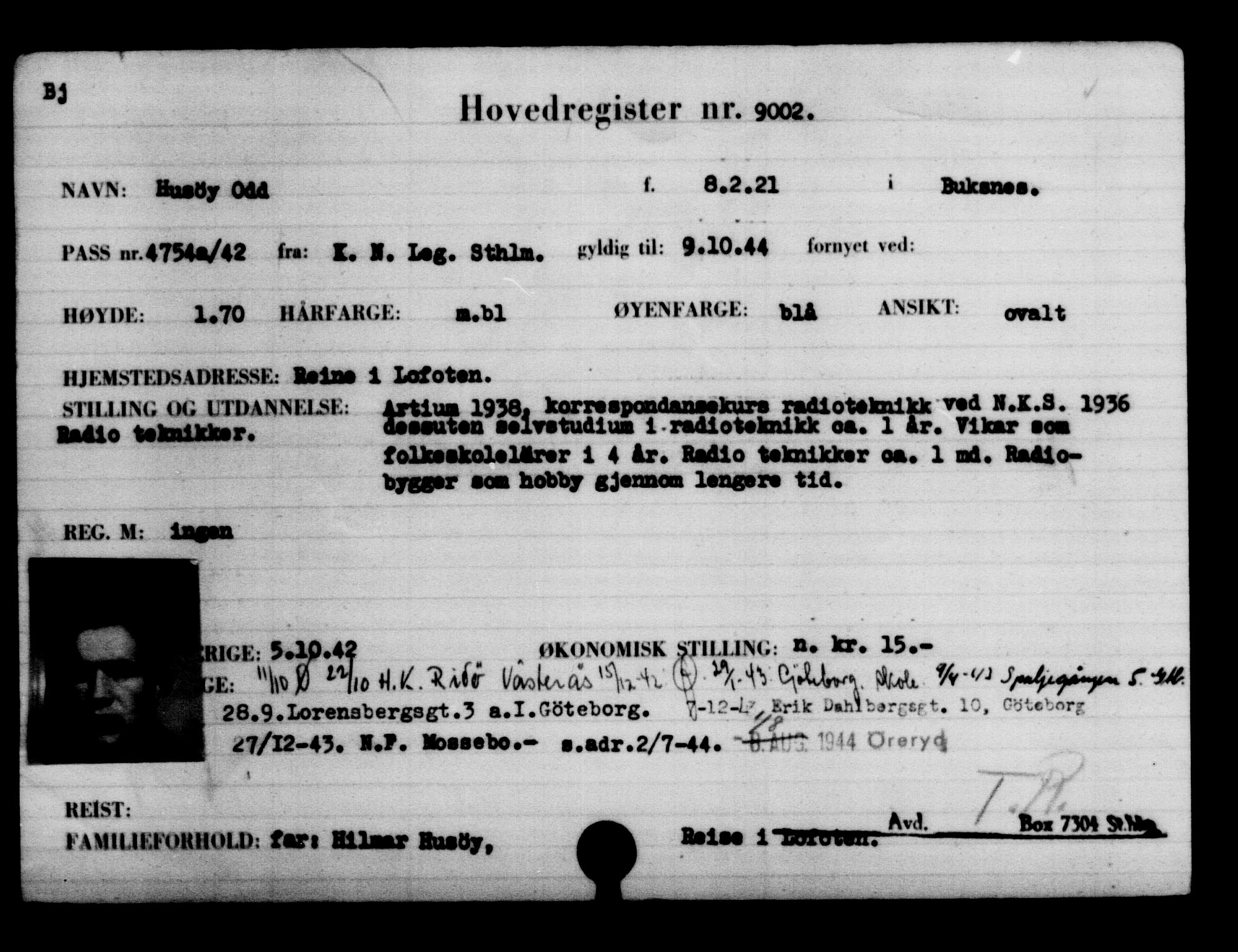 Utenriksstasjonene, Legasjonen i Stockholm, Flyktningkontoret, AV/RA-S-6753/V/Va/L0005: Kjesäterkartoteket, flyktninger med registreringsnr. 6600-9417, 1940-1945, p. 2821