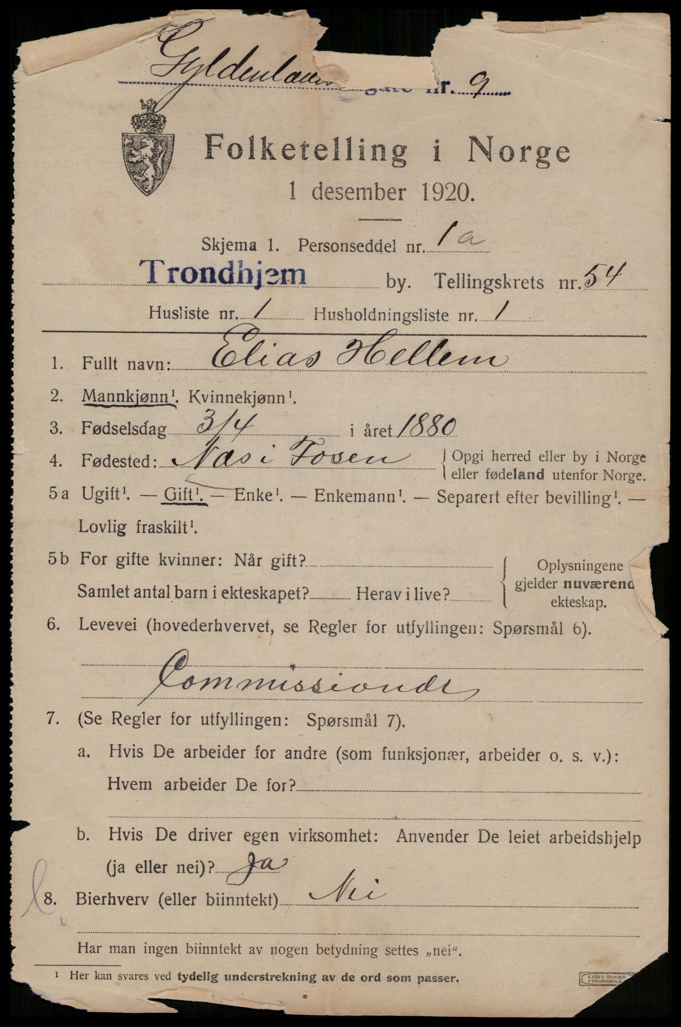 SAT, 1920 census for Trondheim, 1920, p. 109516