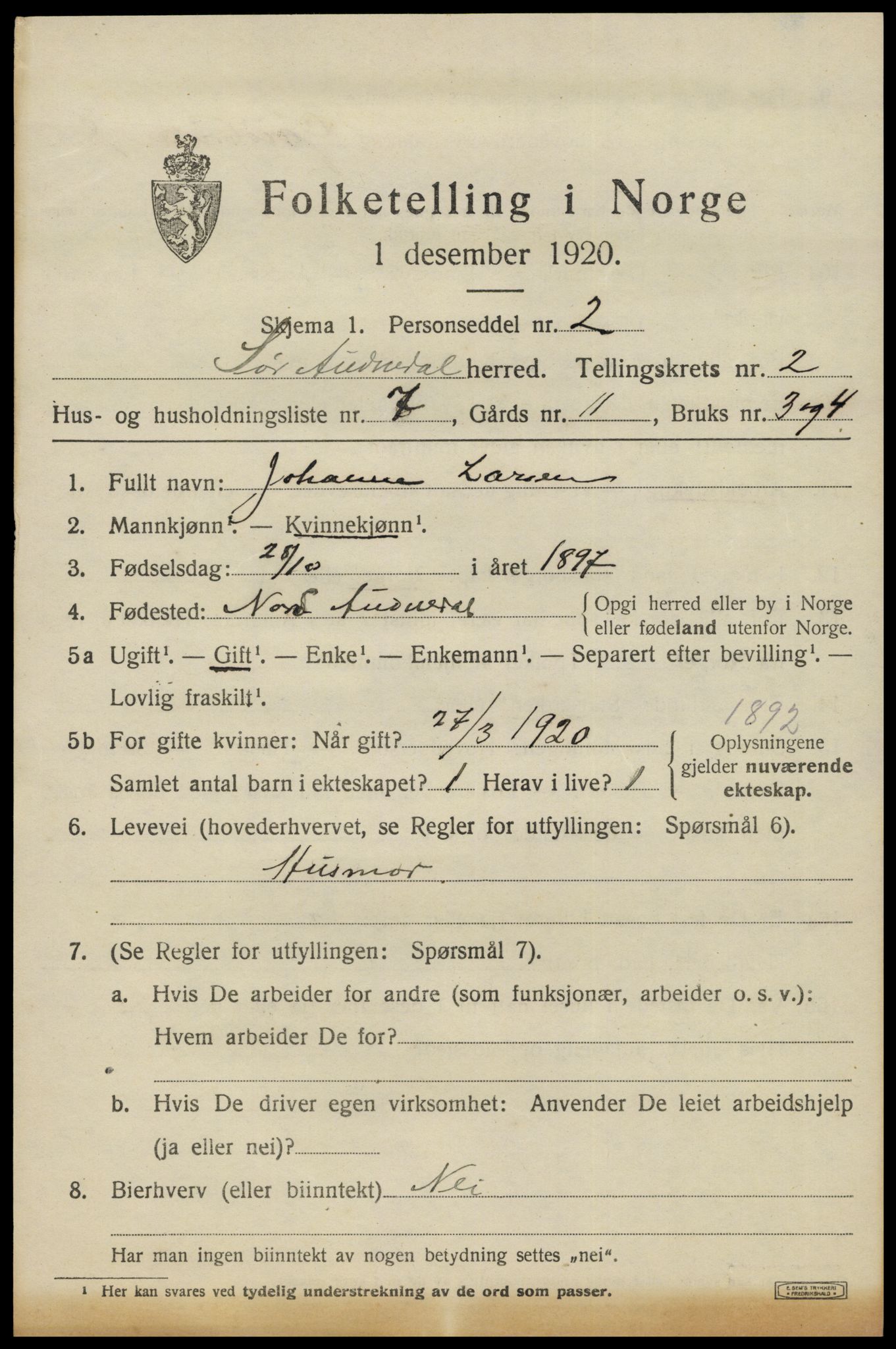 SAK, 1920 census for Sør-Audnedal, 1920, p. 1635