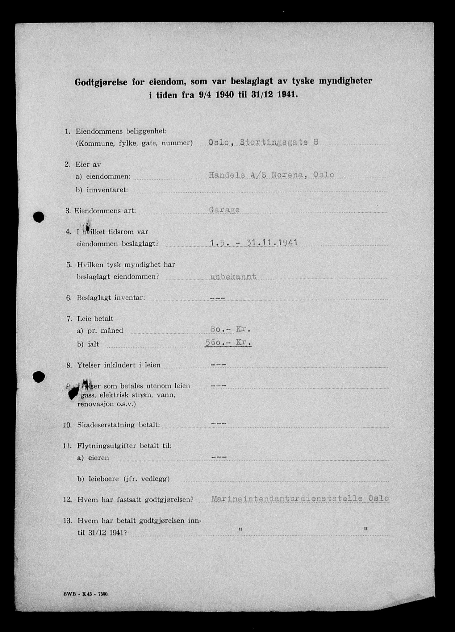 Justisdepartementet, Tilbakeføringskontoret for inndratte formuer, AV/RA-S-1564/I/L1011: Godtgjørelse for beslaglagt eiendom, 1940-1941, p. 4