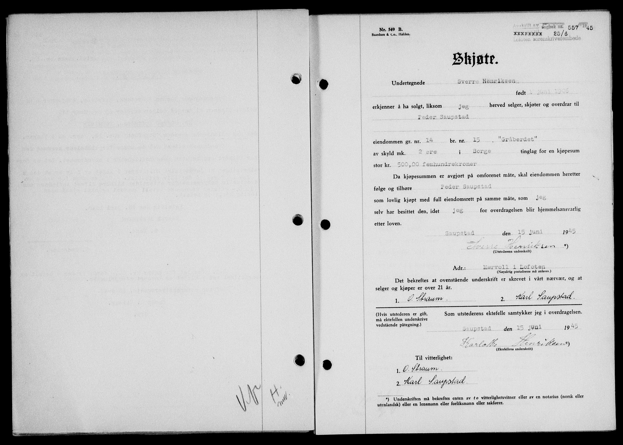 Lofoten sorenskriveri, SAT/A-0017/1/2/2C/L0013a: Mortgage book no. 13a, 1944-1946, Diary no: : 557/1945